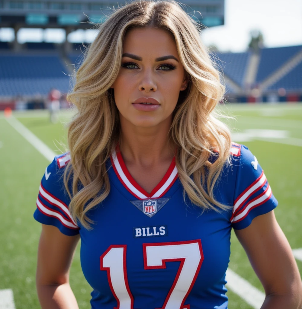 A photo of Jenna Kennedy, a tight end for the female LSU Tigers football team. Number 11. Blonde, thin and curvy