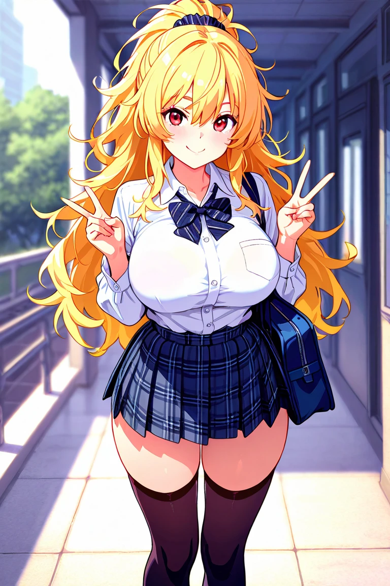 ((masterpiece)), (best quality: 1.7), (detailed: 1.4), (high resolution: 1.4), 8k, (colorful: 1.5), high resolution, sharp image, 4k, hd, (beautiful detailed background: 1.2 ), (beautiful lighting: 1.2), (highly detailed: 1.2), perfect lighting, (8k wallpaper: 1.2), (highly detailed: 1.2), (extremely detailed CG :1.2), 2d, ((1girl)), alone , chitoge, blonde hair, ((long hair)), ponytail, (high ponytail), blue eyes, (blush), happy happy, white shirt, ((orange tie)), blue skirt, pleated skirt, black thigh highs, sailor collar, ((red ribbon)), hair band, school, (sakura trees), (leaves), (trees), sky, (blue sky), clouds, ((street)), ((standing)), ( ( hands on hips)), ((huge breasts)), (very curvy body), (((day))) , (((bright eyes))), ((huge, wide, fat hips))