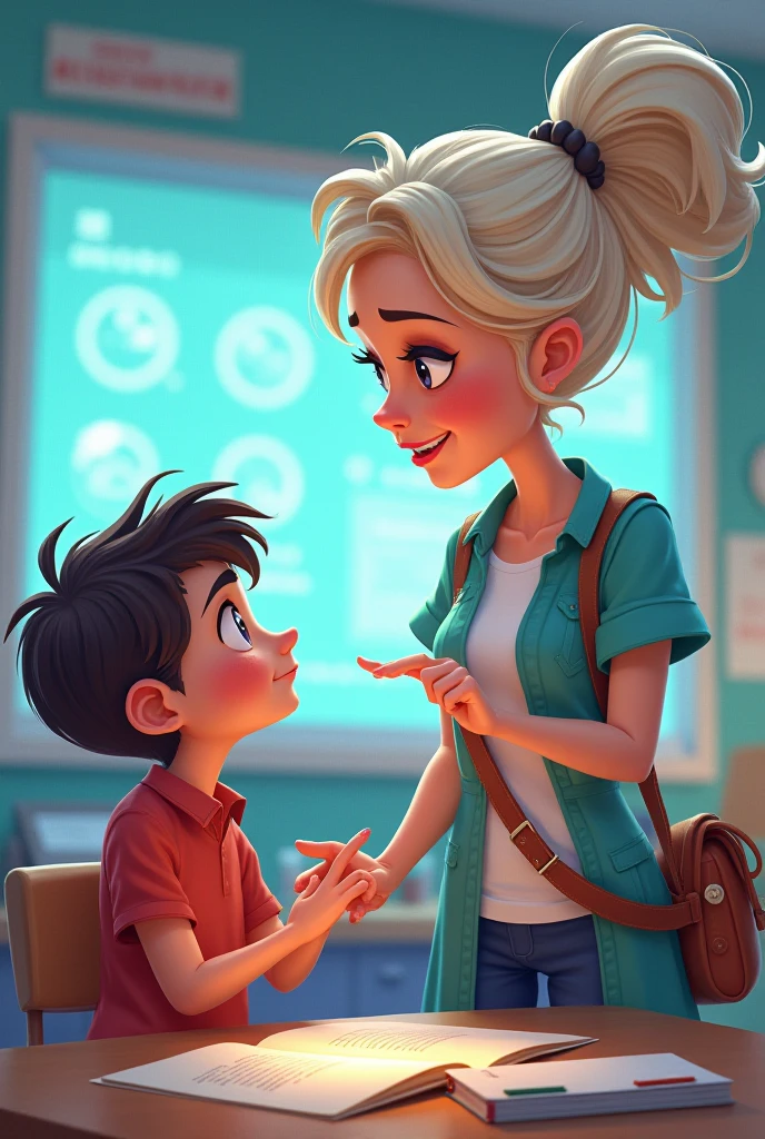 illustration. 8-year-old boy kindly greeting his 45-year-old teacher,
in the course.