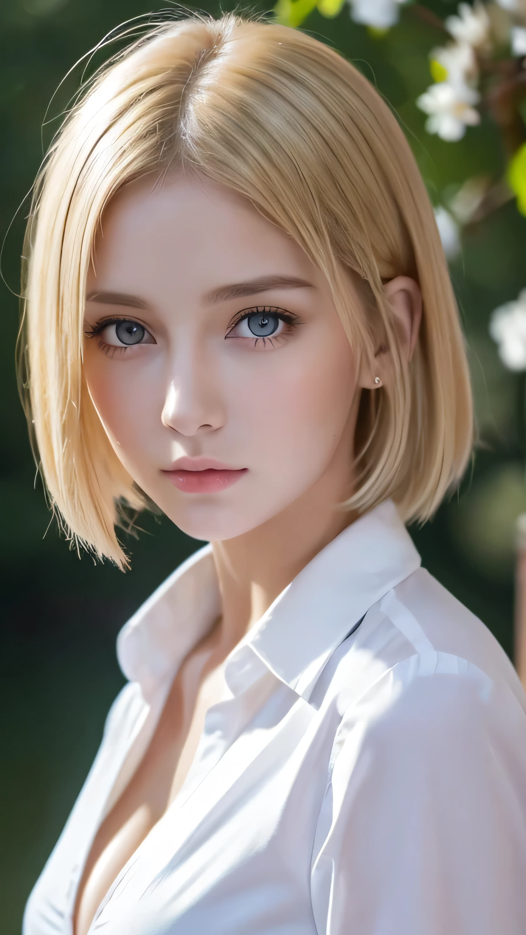 waist up, looking at camera, (againts pink leaves) tree, natural skin texture, 4k textures, soft cinematic light, intricate details, elegant, highly detailed, sharp focus, soothing tones, exposure blend, hdr, faded, hyperdetailed, backlighting, 85mm, close-up, best quality, (photorealistic:1.2), volumetric fog, analog style, (cinematic look), blonde, green eyes, bob hair, 1girl, blush, upturned eyes, cleavage