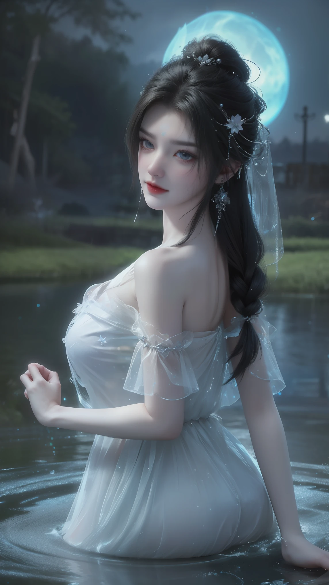 light particles, halo, (bioluminescent:0.95), bioluminescent, piercing glare, vibrant, (((colourful))), color, (glowing, glow),ancient customs, wind blow, blossom, pond, night, moon relection in the pond, reflection light, depth of field, from behind, multiple views, delicated best quality ,masterpiece, illustration, an extremely delicate and beautiful, extremely detailed ,CG ,unity ,8k wallpaper, Amazing, finely detail, masterpiece,best quality,official art,extremely detailed CG unity 8k wallpaper,absurdres, incredibly absurdres, huge filesize , ultra-detailed, highres, extremely detailed,beautiful detailed girl, extremely detailed eyes and face, beautiful detailed eyes,light on face,1girl, (Super realistic), (black hair), (hair over one eye), (single braid hair), (rainbow eyes), ((hair ornament)), ((jewelry)), (hair jewelry), (((describe the arm in detail))), (((Super ))), ((sagging breasts)), ((Plump body)), (thighs), ((Plump )),, (detailed description of hair), ((upper body)), (Bare shoulder), ((collarbone)), (off shoulder), (Shiny skin), (detailed description of face), (Extremely detailed description of the eyes), (detailed description of body), (white and translucent skin), peerless beauty, (extreme beauty), (red lips), (shy ), (seductive smile), ((gothic tia dress)), (every pose),(smiling)