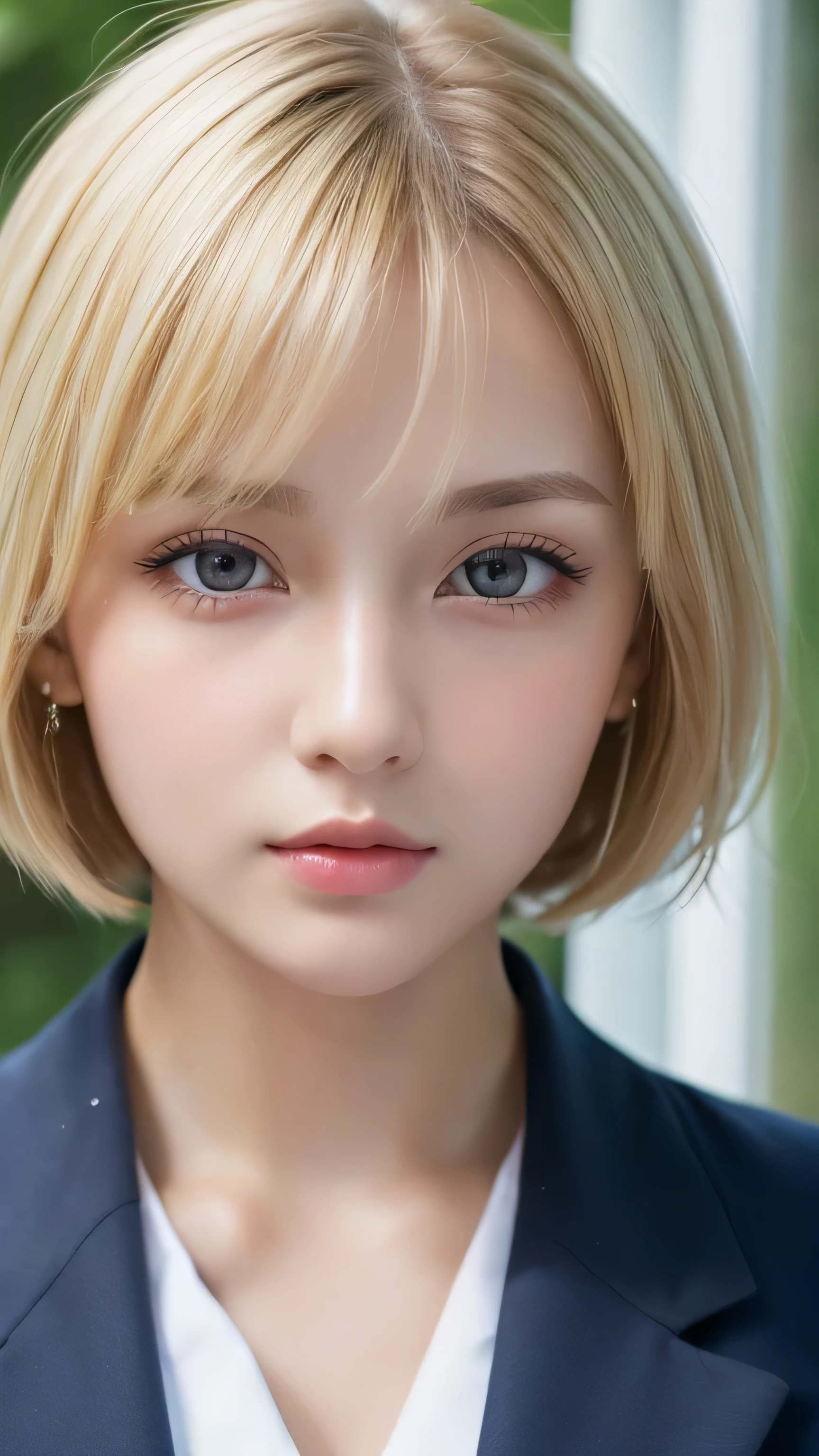 Short blonde hair, a beautiful woman with a Korean-Japanese fusion, thin golden eyebrows, beautiful black eyes, a confident expression, a bright red dress, an amusement park