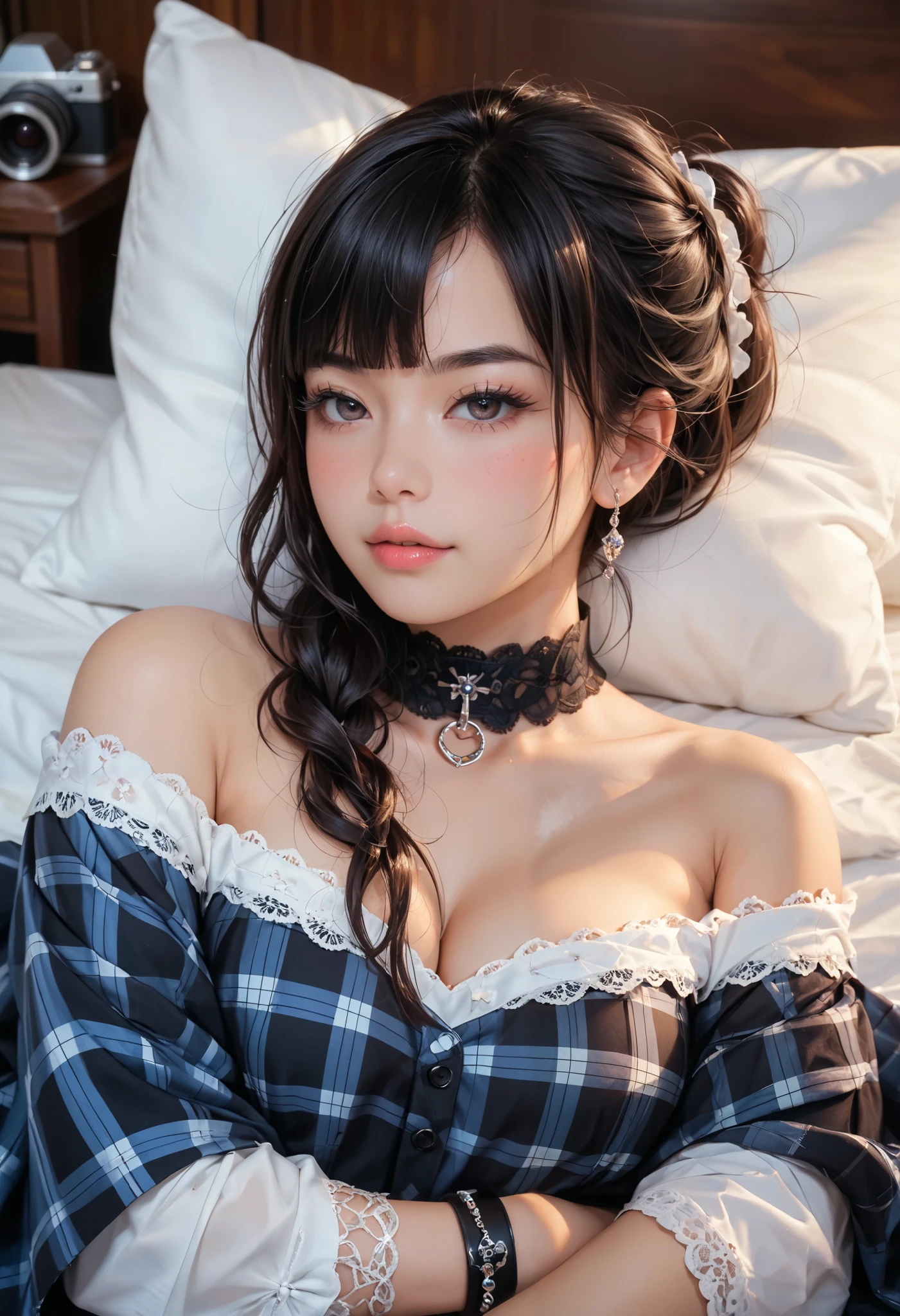 woman lying on a bed with a old light blue blanket, top with inscriptions and drawing, red and black plaid miniskirt, You can see abdomen, relax image, shiny jet black hair, fringe, hair falls to the sides, she looks at the camera , with half-closed eyes, full lips , blushing cheeks, long eyelashes, she wears bracelets, neck collar, under her head there is a pink pillow, Hyperrealistic anime, artwork in the guweiz style, guweiz, seductive anime girl, by Yang J, by Yanjun Cheng, inspired by Yanjun Cheng, Guweiz on ArtStation Pixiv, Guweiz on Pixiv Artstation, trending on cgstation, cruel Korean Gothic girl , chiaroscuro, cinematic lighting, Fujicolor, UHD, Retina, masterpiece, Accurate, anatomically correct , textured skin, Super detail, high details, high quality, award winning , best quality, highres, 1080P, HD, 16K