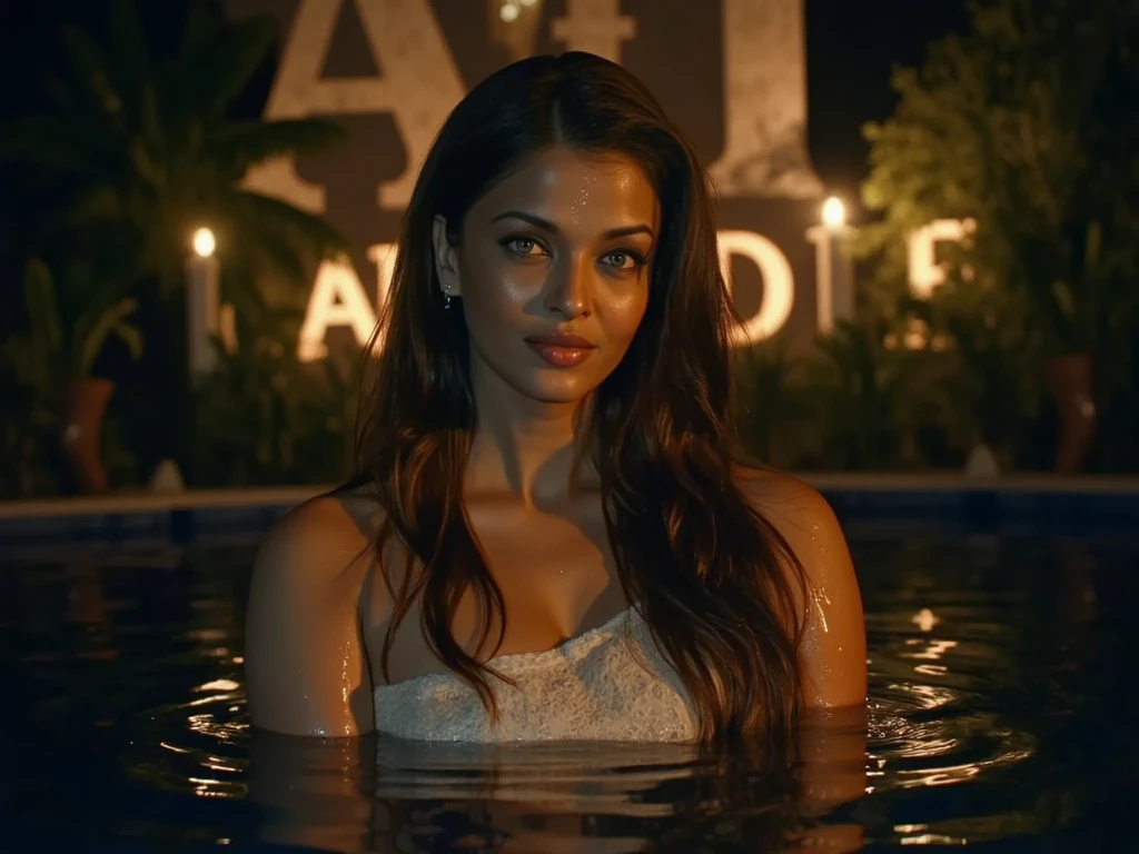 beautiful Maeva genam girl 18 years kneeling on life raft, wet sports t-shirt pulled above small breasts, pink sheer panties, eyes closed, dark skies, rain, moon light, small breasts showing, muddy water