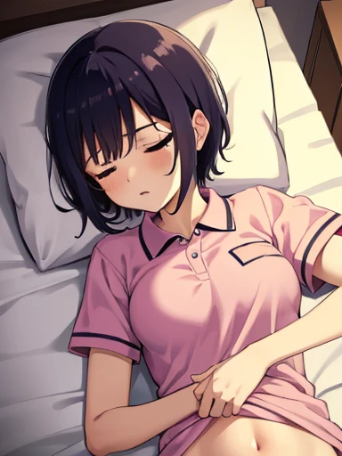 1. Beautiful girl in a pink polo shirt, short hair, Small breasts,Black Hair, No underwear, Hospital Beautiful Cute High Quality Short Sleeves Sleeping in Bed Sleeping Naked