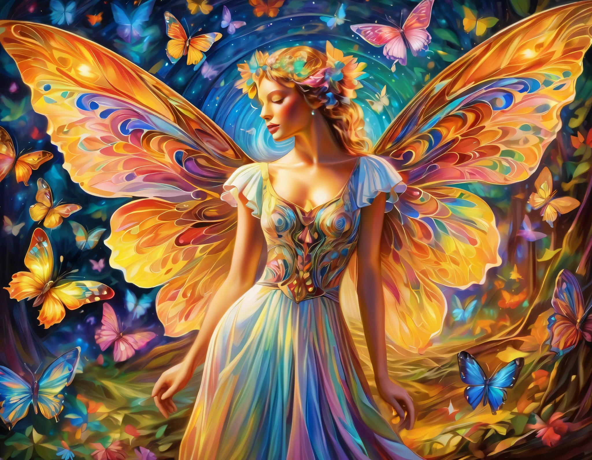 Brightly Colored Butterflies and a Woman in a Long Dress Standing in the Forest , An ultra-fine and elaborate painting inspired by Josephine Wall, pixabay contest winner , Psychedelic Art , Butterfly Wings , Seven-colored Feathers, Stained Glass Wings , fairy wings, Rainbow Wings , Half Woman 、Half Butterfly , Goddess of Fire Butterfly, Beautiful Wings, Beautifully open wings