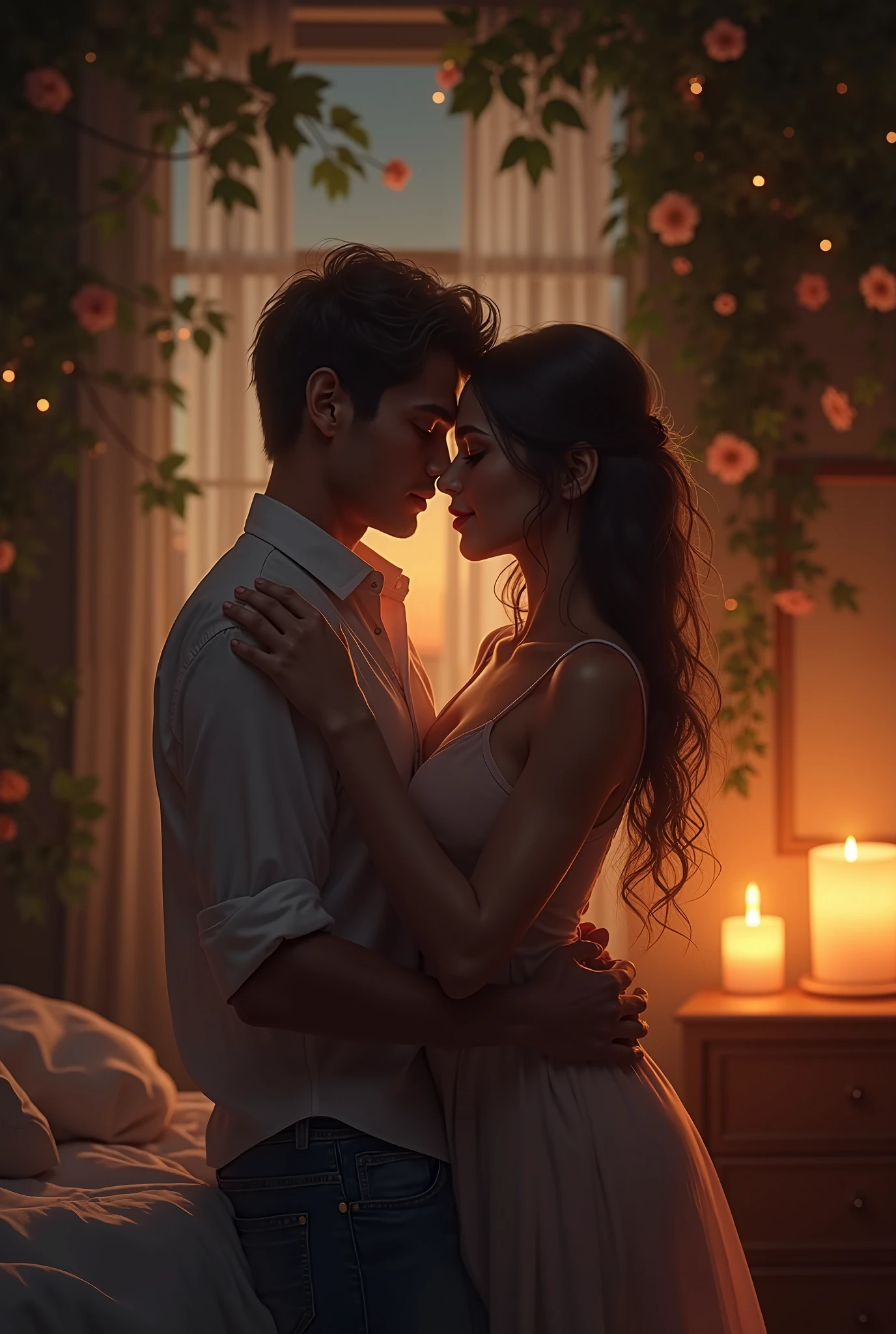 (Super realista),(8k), (melhor qualidade), (1 homem bonito, alto, branco), (1 mulher bonita de cabelo liso) hugged, atmosphere of passion, os dois de olhando apaixonados, lighting, noite, velas ao redor, romantic scenery