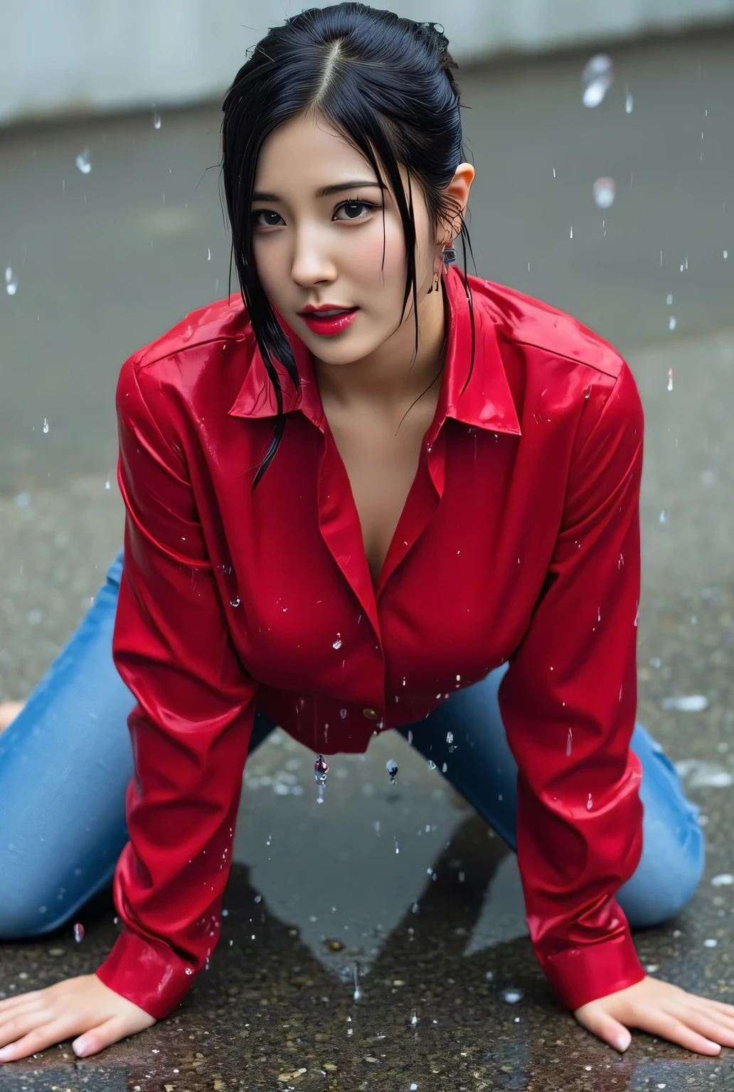 an office lady, in the middle of the rain all over the body and wet clothes, kneeling on all fours with both arms touching the floor, ass lifted doggystyle, faces facing camera, use an unbuttoned oversize shirt in satin material of red color, using blue denim pants,  big boobs,  red lips,  slim waist