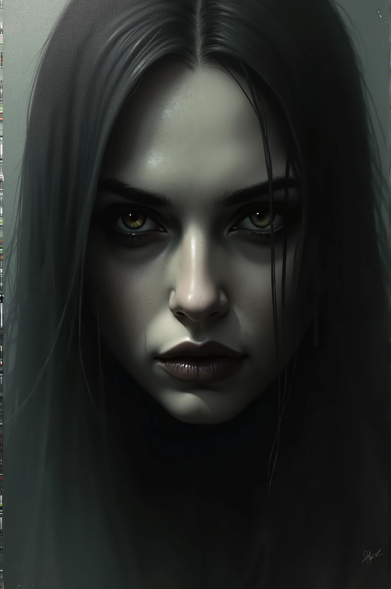 Painting of a woman with long black hair and green eyes - SeaArt AI
