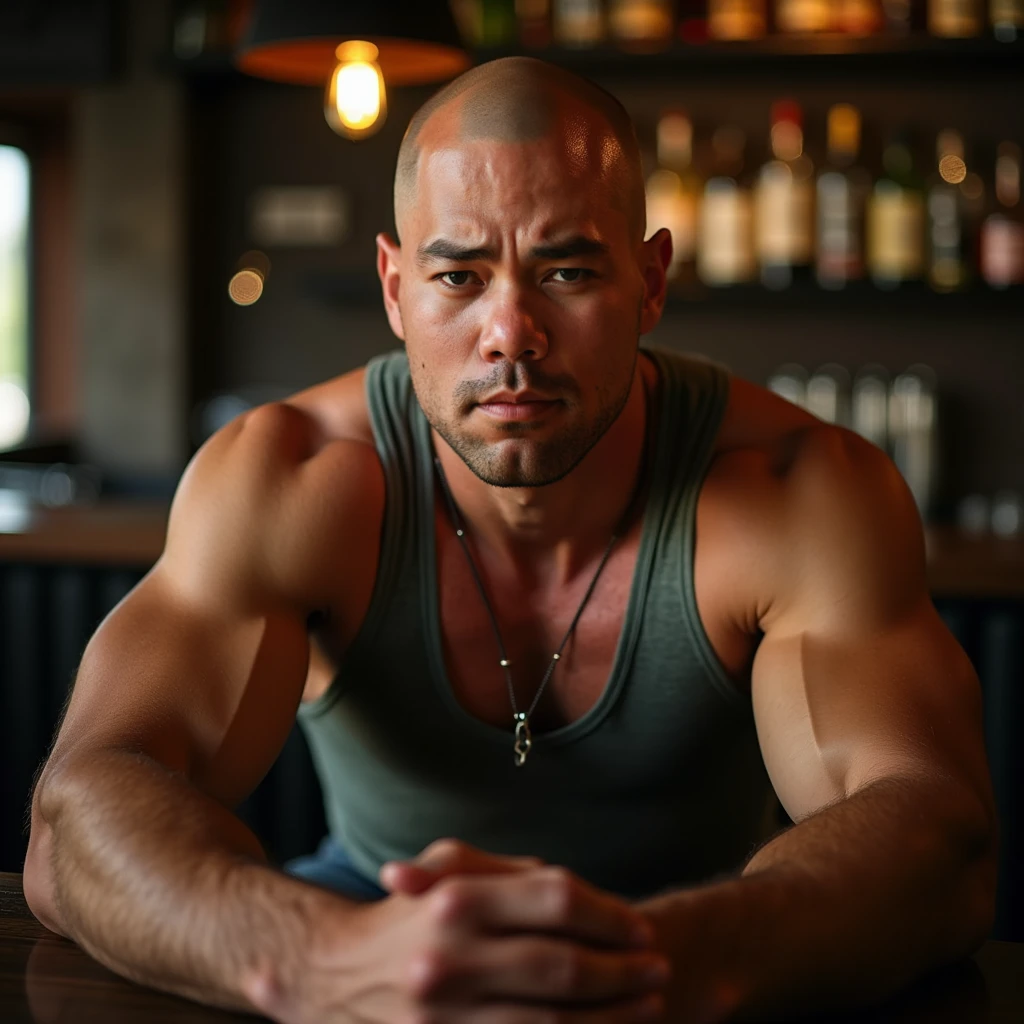 A handsome bald man drinking cocktail in the night club with a beard wearing
