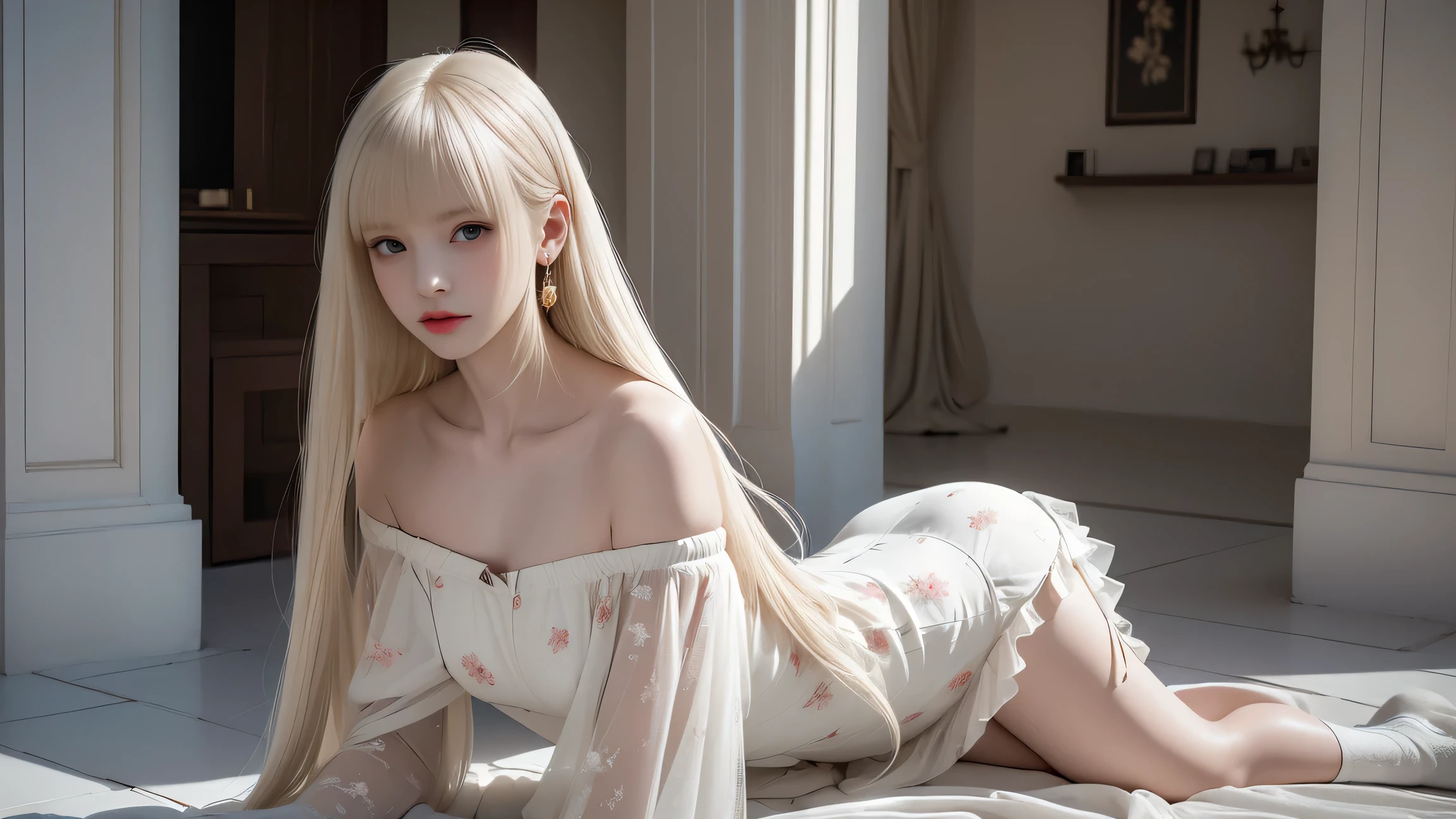 portlate、School Uniforms、bright expression、Young shiny shiny white shiny skin、Best Looks、ultimate beauty girl、The most beautiful platinum blonde hair in the world、shiny light hair,、Super long silky straight hair、Beautiful bangs that shine、Glowing crystal clear attractive blue eyes、Very beautiful nice cute 16 year old girl、Lush bust((Girl getting on all fours in office)),(((posterior view)))、 Silver hair, Bangs, Blunt bangs, Long straight hair, aqua eyes, longeyelashes, Solid Circle Eyes, makeup, Open mouth, blush, Parted lips, Bright pupils, smiley, Seductive smile, glint, surrealism, Modern、Black pantyhose、high-heels、((Pure white dress、Floral dress、、off shoulders、up skirt: 1.6))、Skyscrapers are hazy in the windows、mix4、((Black lace panties))、((stick out buttocks))、Provocative、