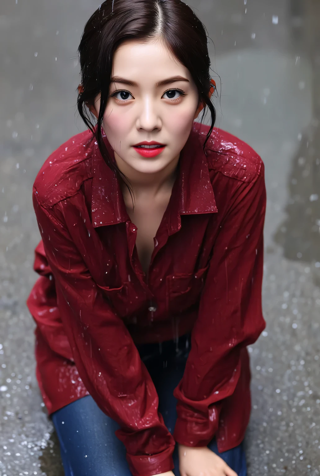 an office lady, in the middle of the rain all over the body and wet clothes, kneeling on all fours with both arms touching the floor, ass lifted doggystyle, faces facing camera, Use red satin oversize shirts, using blue denim pants, big boobs, red lips, slim waist
