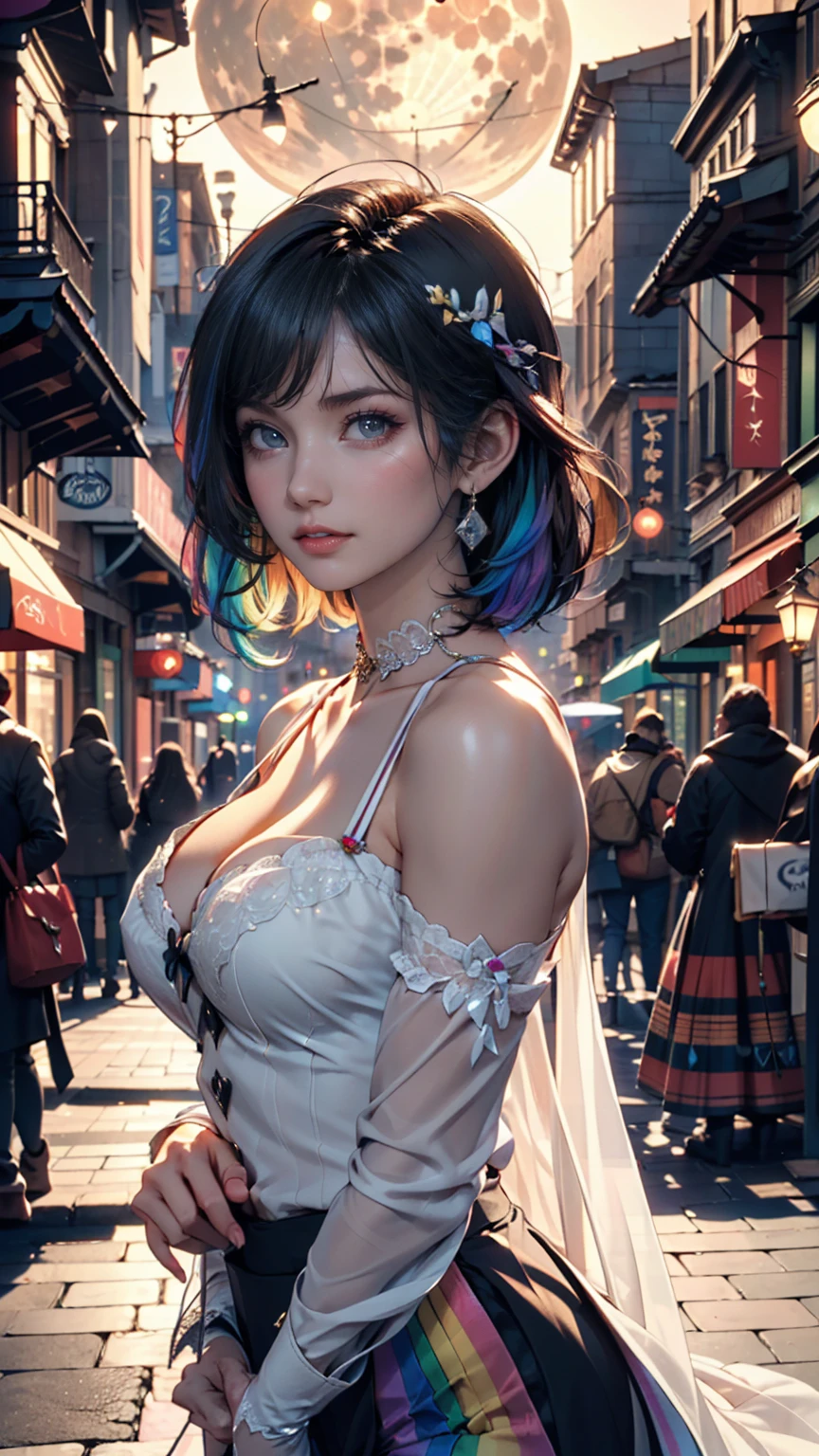 (masterpiece), (((Highest quality)), (Very detailed), 1 person, (Rainbow Hair, Colorful Hair, Half Blue、Half pink hair: 1.2), , (yukina: 1.2), Outdoor, bangs, smile, Sky blue eyes, Perfect hands, Perfect hands, Hand Detail, Modified fingers. Earrings, Night Store + background, Looking_in_Audience, Cowboy Shot, Highest quality, Rich details, Perfect image quality,