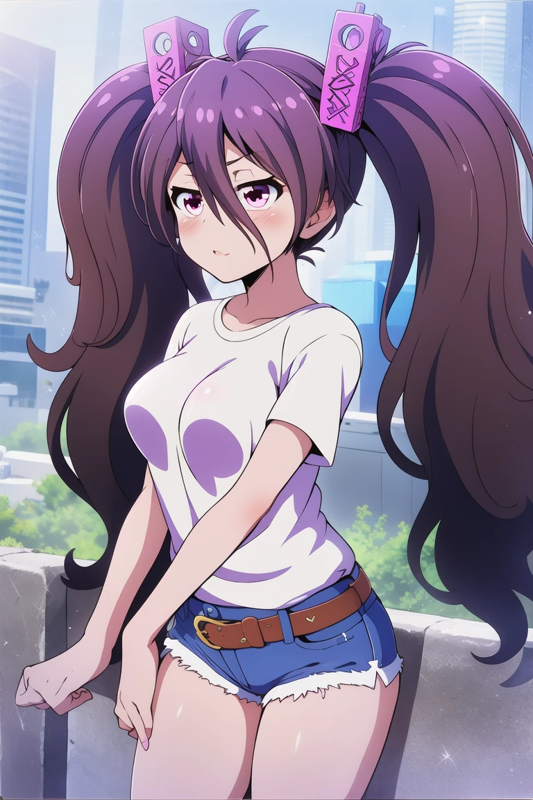 ((highest quality)), (High resolution), from behind, ((butt focus)), leaning forward, jeans, pubic hair, Tedeza Rise, Gochiusa, purple hair, long hair, twin tails, purple eyes, bangs, blush, eyebrow hair, big breasts, Backlight, white background