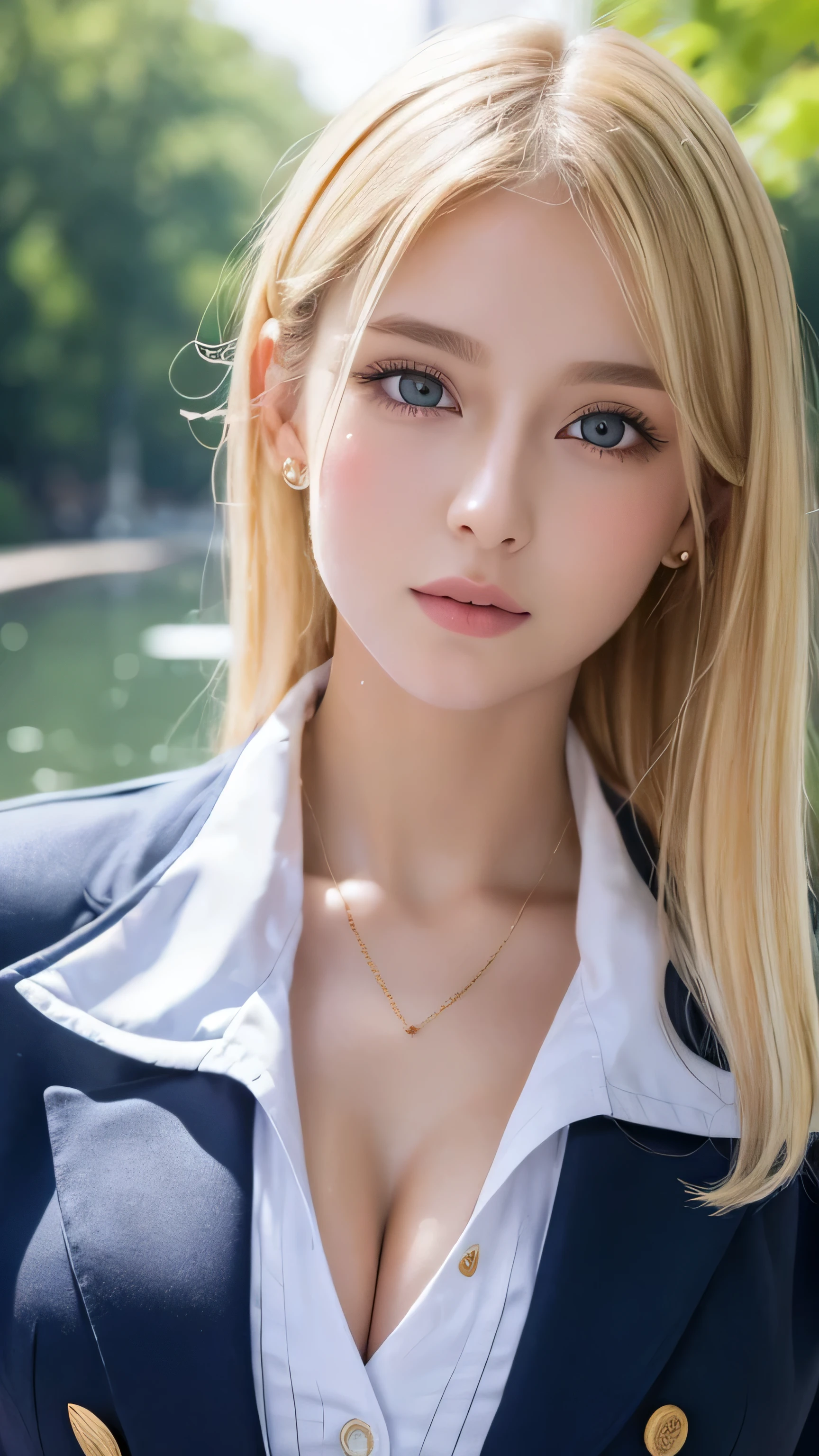 top-quality, ​masterpiece, ultra-detailliert, a beautiful detailed girl, extremely detailed eye and face,  girl, cutebeauty girl, hi-school girl, japanes, a blond, short-hair, bangss, shinny hair, Very detailed depiction of hair, beatiful detailed eyes, big eye, radiant eyes, a smile, blazers, Ribbon Band, slender style, middlebreasts