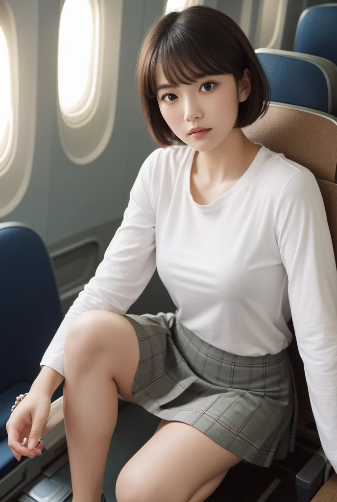 (Realistic:1.3), (masterpiece), (best quality), ultra hi res, 8k (extremely detailed CG unity 8K wallpaper), (beautiful 10 years old girl), child, cute, embarrassed smile, detailed face, detailed eyes, medium breasts, bob cut, hair ornament, pink casual shirt, (white jogging shorts), adidas shoes, sitting, in airplane, airplane seat, 30mm, (crowded), detailed background, perfect lighting, hdr