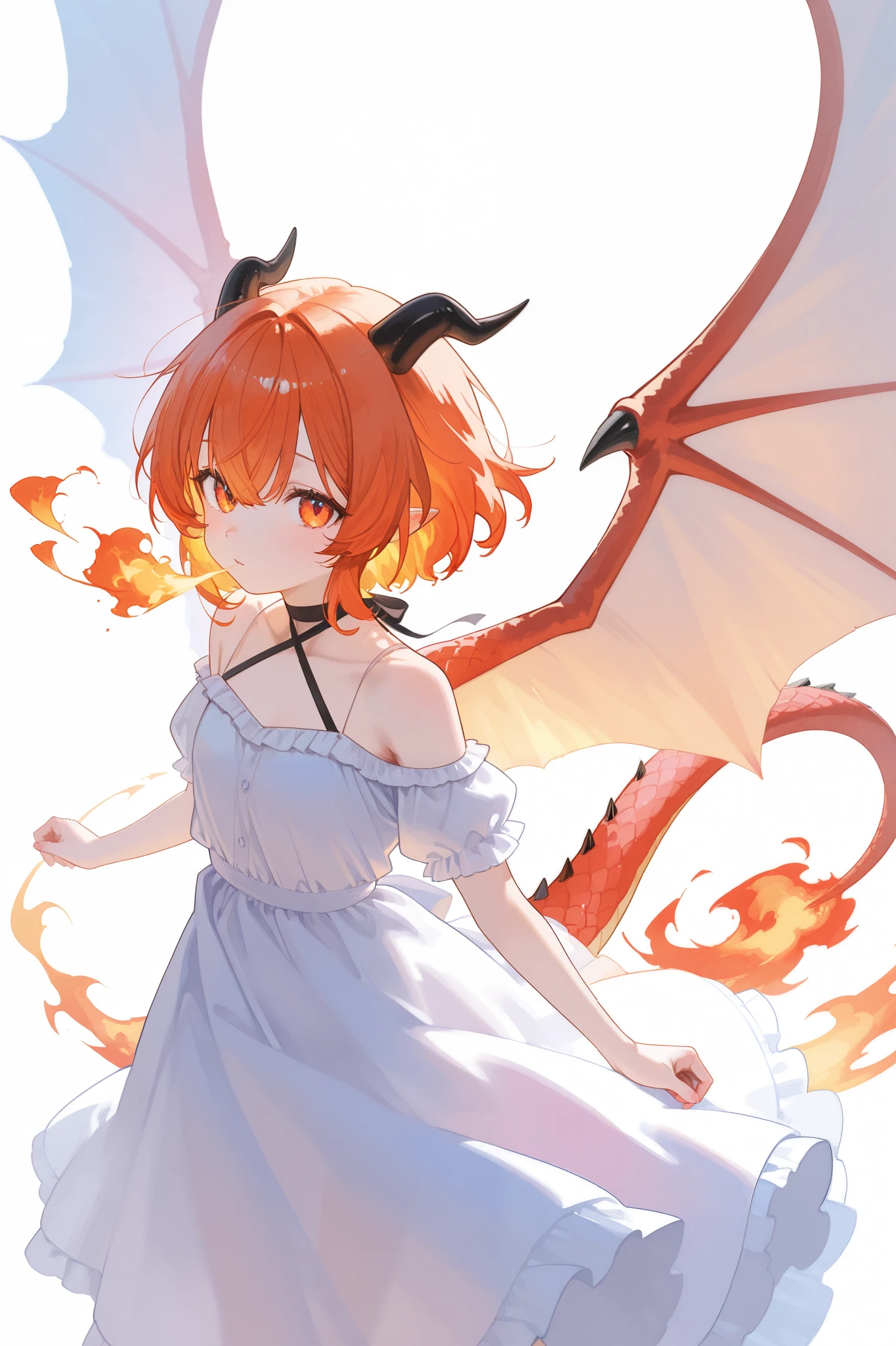 no background、 watercolor、Emphasize contour lines、 dragon 、 dress 、Fire breathing、 big wings、tail