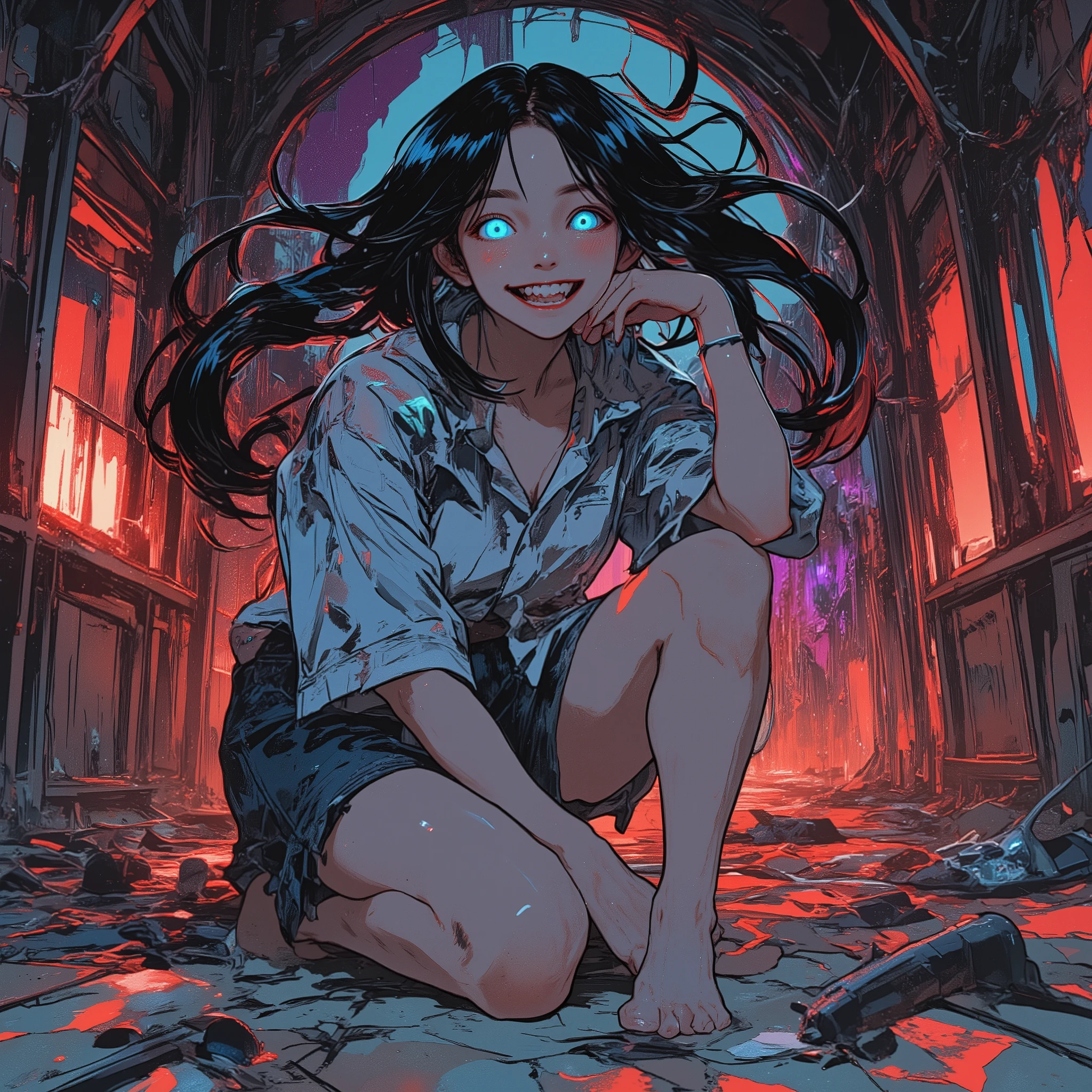 masterpiece, best quality, ultra-detailed, dramatic lighting, vibrant color palette, bold composition, a striking and intense depiction of a young girl kneeling in a dark, eerie room, her long jet-black hair flowing wildly with sharp, vibrant highlights catching the dim light, glowing neon-blue eyes piercing through the darkness, wide grin revealing sharp fangs with bright white highlights, pale skin contrasting vividly against the grimy, unsettling background, wearing a loose white shirt and dark shorts painted with rich, vibrant colors, the room rendered with surreal intensity using deep reds, purples, and blues, vibrant colors contrasting sharply with the dark tones, broken objects scattered across the room to hint at chaos and tension, dramatic contrasts of bright highlights and deep shadows emphasizing the supernatural and eerie atmosphere, an electrifying and intense energy flowing throughout the scene, the dynamic lighting and vibrant colors amplifying the sense of tension and excitement, creating a surreal yet captivating depiction.