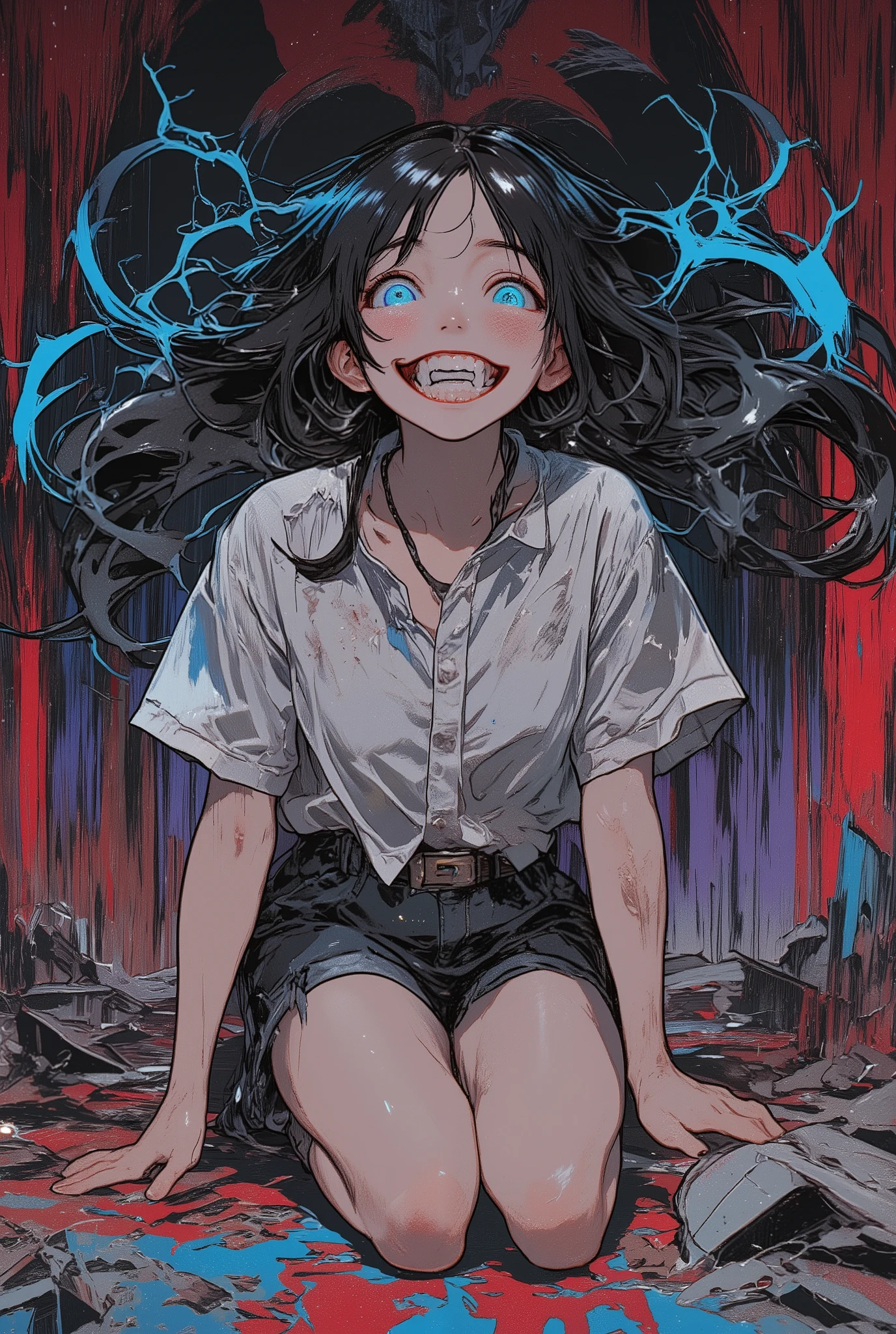 masterpiece, best quality, ultra-detailed, dramatic lighting, vibrant color palette, bold composition, a striking and intense depiction of a young girl kneeling in a dark, eerie room, her long jet-black hair flowing wildly with sharp, vibrant highlights catching the dim light, glowing neon-blue eyes piercing through the darkness, wide grin revealing sharp fangs with bright white highlights, pale skin contrasting vividly against the grimy, unsettling background, wearing a loose white shirt and dark shorts painted with rich, vibrant colors, the room rendered with surreal intensity using deep reds, purples, and blues, vibrant colors contrasting sharply with the dark tones, broken objects scattered across the room to hint at chaos and tension, dramatic contrasts of bright highlights and deep shadows emphasizing the supernatural and eerie atmosphere, an electrifying and intense energy flowing throughout the scene, the dynamic lighting and vibrant colors amplifying the sense of tension and excitement, creating a surreal yet captivating depiction.
