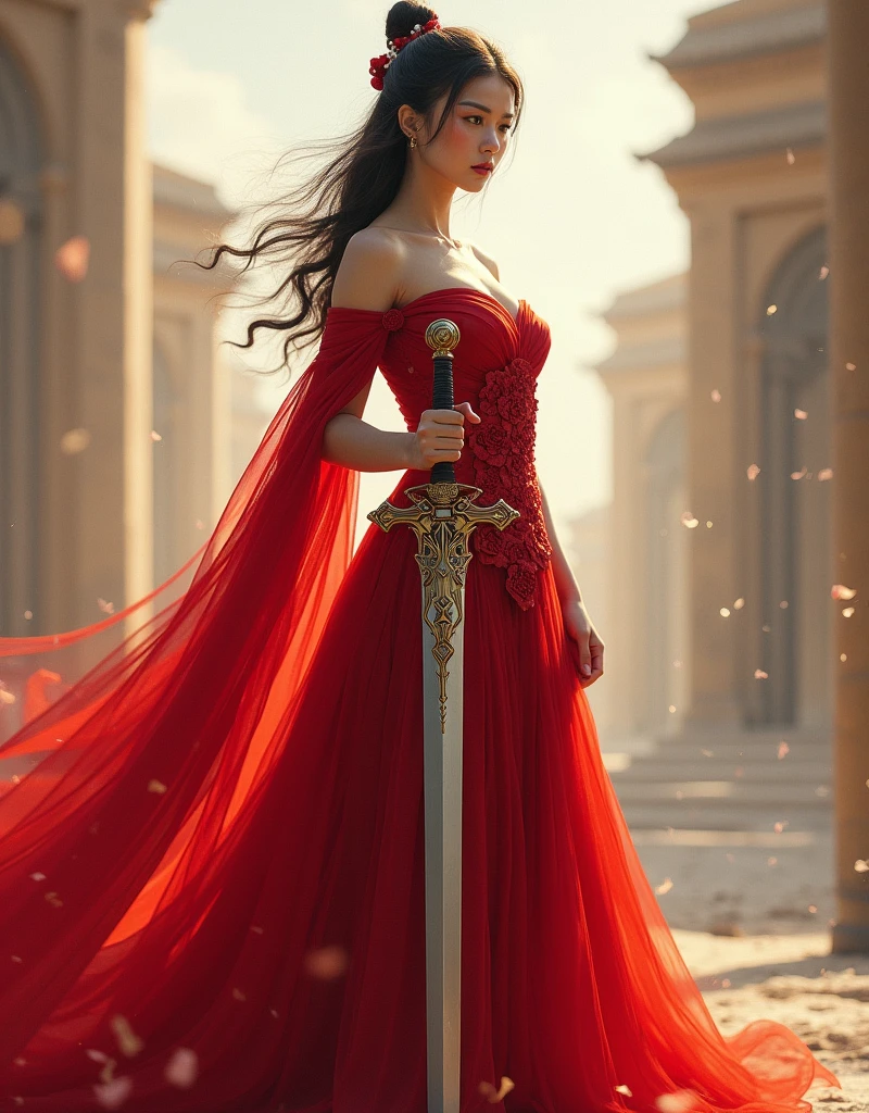 a woman in a red dress holding a sword in a forest, concept art by Yang J, Artstation contest winner, fantasy art, chengwei pan on artstation, 2. 5 d cgi anime fantasy artwork, 4k fantasy art, ross tran 8 k, fanart best artstation, alena aenami and artgerm, extremely detailed artgerm