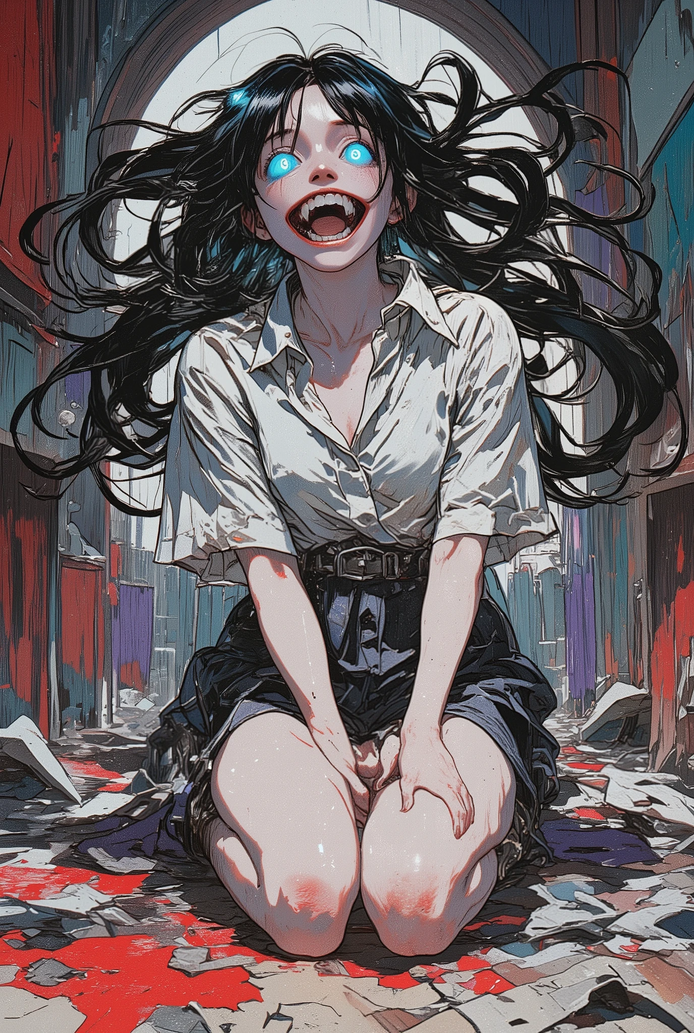 An abstract painting of beauty and decadence, a striking and powerful depiction of a girl kneeling in a dark, eerie room. His long, jet black hair catches the faint light and flows wildly with sharp, vivid highlights; his neon blue eyes shine through the darkness; his wide smile reveals sharp fangs with bright white highlights; his pale skin contrasts vividly with the dirty, eerie background; he wears a loose white shirt and dark shorts; the room is painted with surreal intensity using deep reds, purples and blues; the vivid colors contrast vividly with the dark tones; the broken objects scattered throughout the room suggest chaos and tension; the color depiction embodies the emotional fluctuations, anxiety and despair, evoking the viewer's trauma; the dramatic contrast between bright highlights and deep shadows emphasizes the supernatural and eerie atmosphere; the stimulating and intense energy that flows throughout the scene; the dynamic lighting and vivid colors amplify the tension and excitement, creating a surreal yet fascinating depiction. Abstract paintings depicting violence and domination,
masterpieces, top quality, ultra-detailed, dramatic lighting, vibrant colors, bold composition,