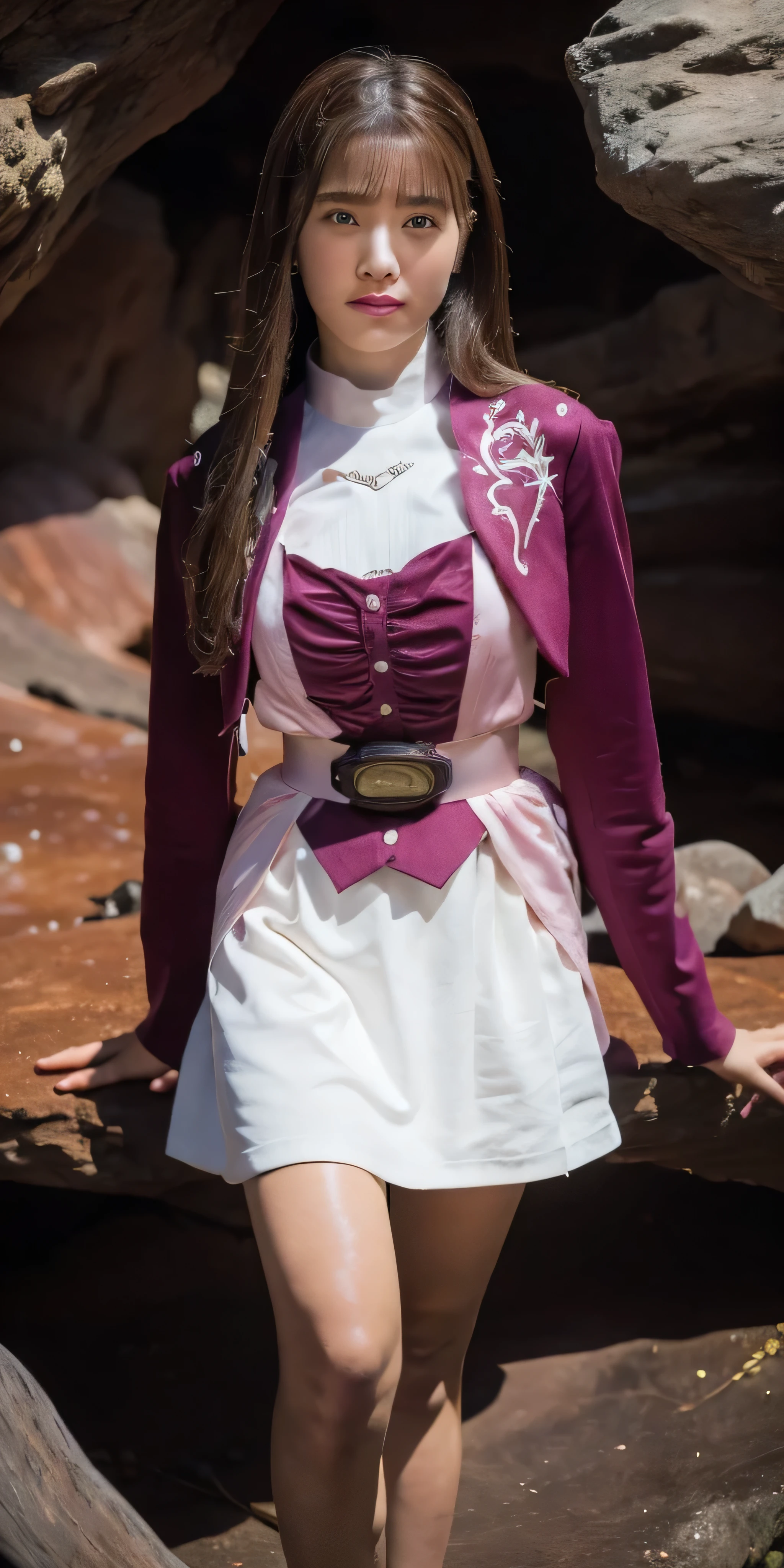 (Extremely detailed CG), ( best quality), ( in a dark cave),((Composition showing the top from the knee)),(( facing the front)),(( 1girl )), is finished, shiny skin, Wide Hips , Thin Waist, ,May, purple bolero jacket with tentacles entwining the whole body, white skirt, Long Sleeve, pink belt , brown hair , expressionless , straight hair,