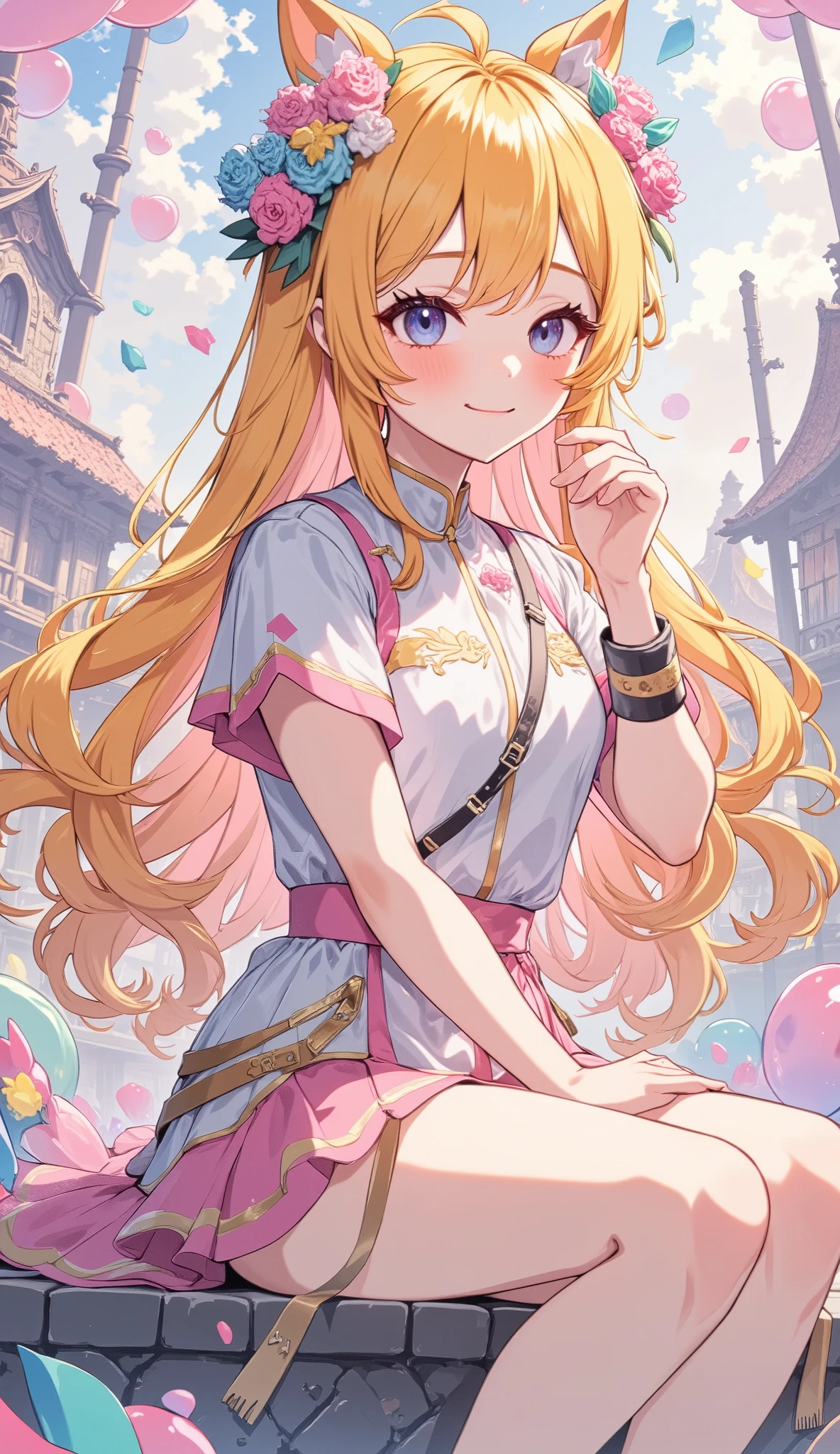 beautiful woman in sexy pose , She's Smiling at the Camera , Long Golden Hair, Clear Face , intricate costume , masterpiece, photorealistic, 8k, more details, vibrant colors, dramatic lighting, cinematic composition、
1 girl in the best, anime, bouquet