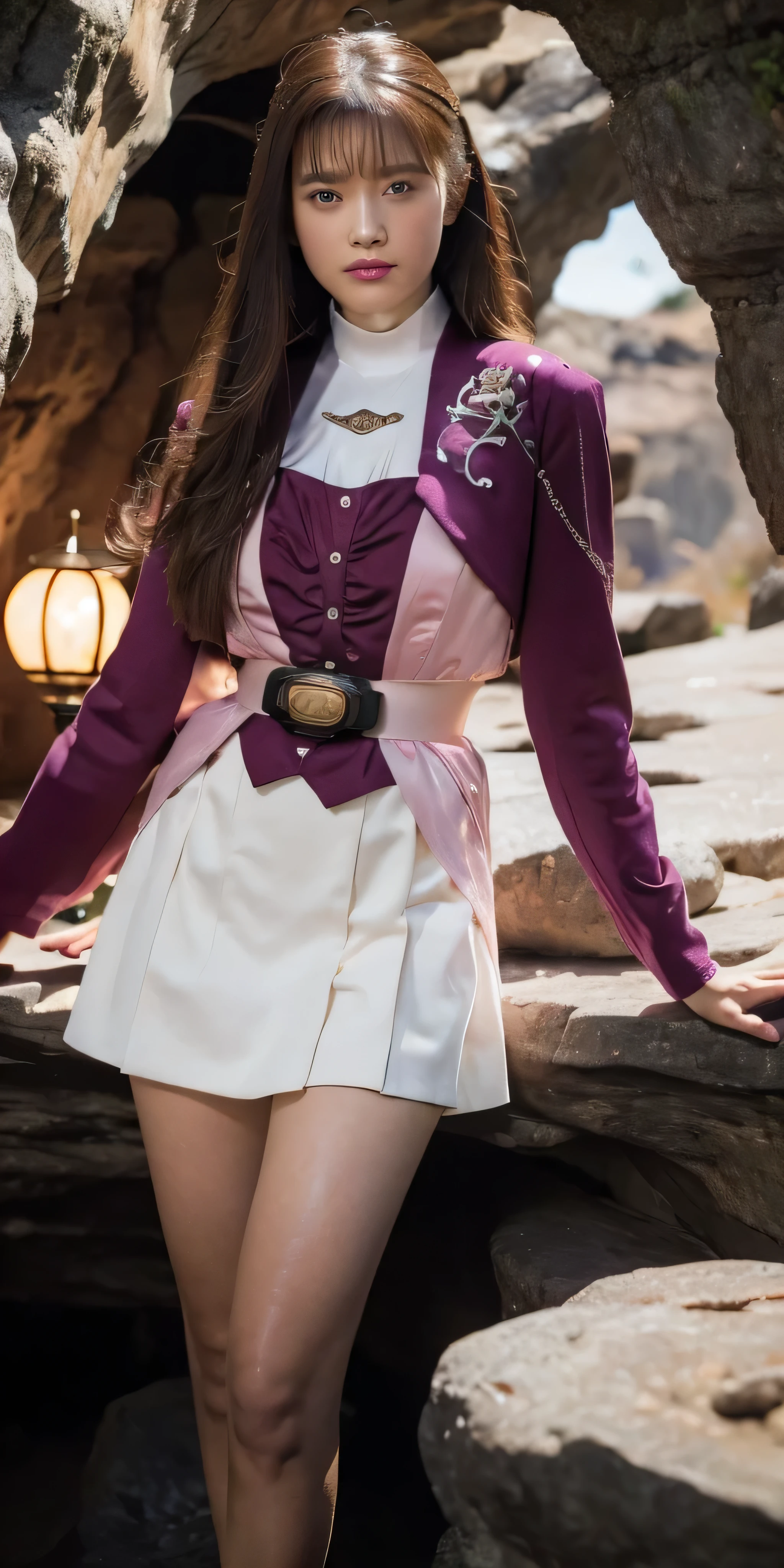 (Extremely detailed CG), ( best quality), ( in a dark cave),((Composition showing the top from the knee)),(( facing the front)),(( 1girl )), is finished, shiny skin, Wide Hips , Thin Waist, ,May, purple bolero jacket with tentacles entwining the whole body, white skirt, Long Sleeve, pink belt , brown hair , expressionless , straight hair,