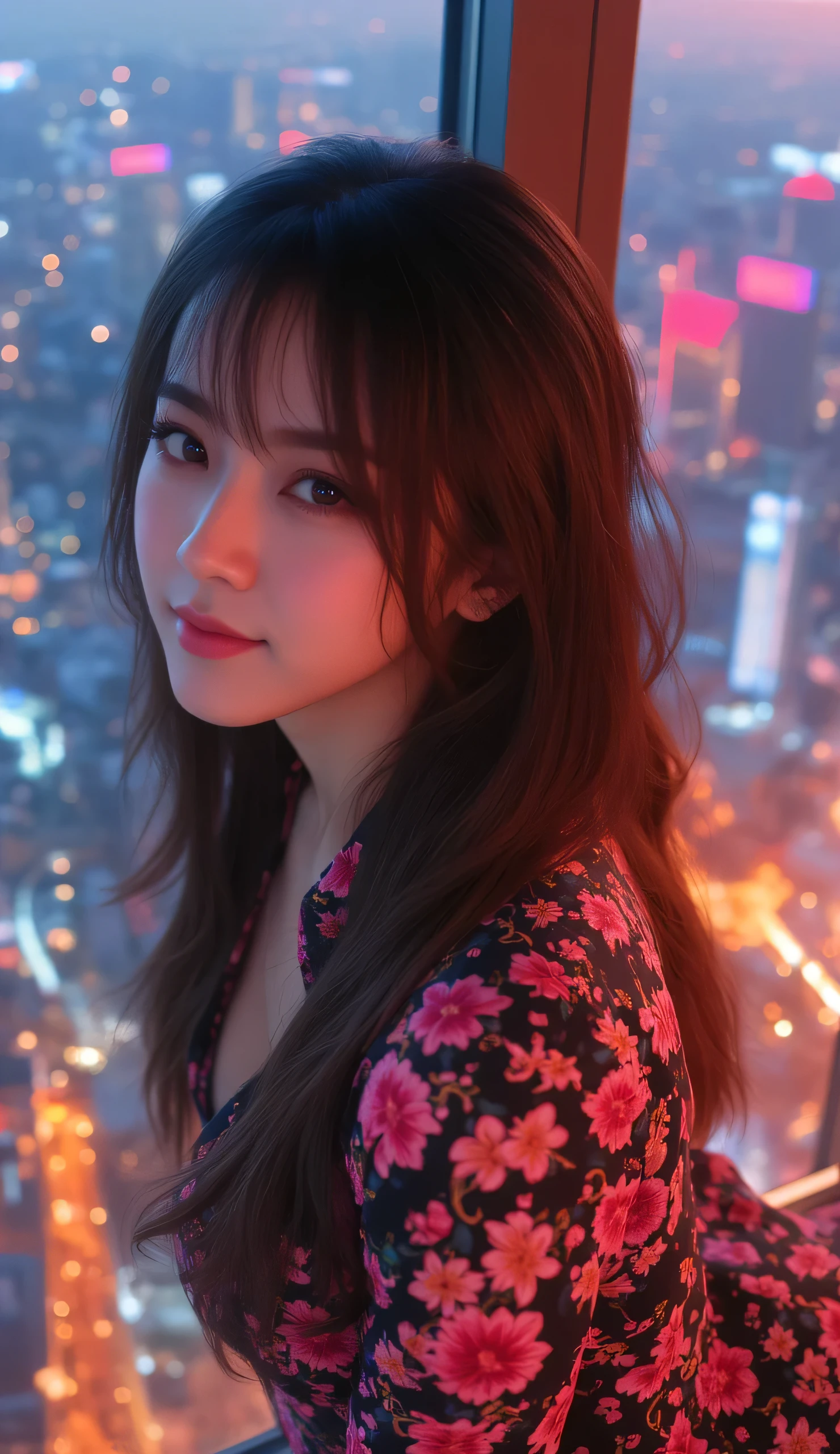 ( best quality,Super detailed、 high res illustration,Ultra-high-definition CG,caustic, Improve skin quality,reality,masterpiece:1.2, high detail, Physical Beauty: 1.4 , Extremely Detailed Face and Skin Textures , beautiful eyes, double eyelids、8k、35mm Lens、Realistic: 1.37、Brighten the screen,17th Generation, half Japanese Half Filipino,(()),((165cm)),((smile)),((Big breasts)),((Wow with Black bangs long)),((((((tight floral shirt short dress)))))),(((Shibuya Sky (Tokyo) Shibuya's new landmark, Shibuya Sky, is an observation deck in Shibuya Scramble Square, a skyscraper directly connected to Shibuya Station. You can enjoy the spectacular view from 230 meters above ground both day and night. The night view is especially romantic and is sure to look great on Instagram.))),(take a selfie with your own camera, Shooting from above),(((Three-Quarter Length))),()