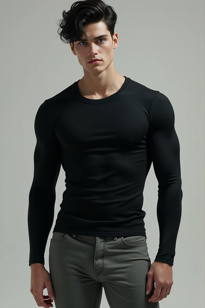 tall, strong man, wearing a black shirt, wearing pants, full body
