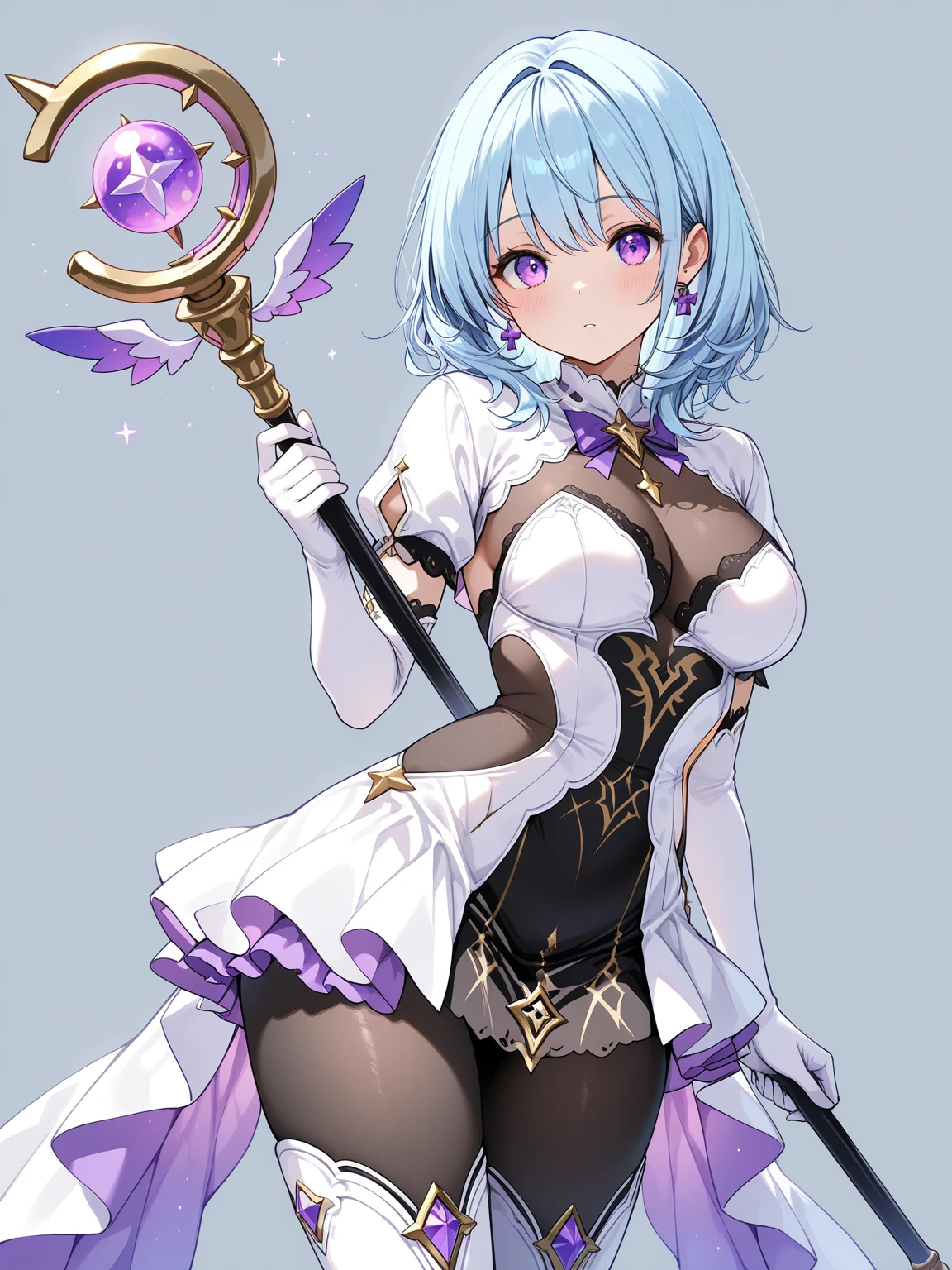 1 Beautiful girl with an anime face, (kamaloli), (kamacostume), fgolike, (Perfect Anatomy), (Hide your hands behind your head:1.2), Beautiful Skin, hair ribbon, (Red eyes:1.5), red ribbon, ribbon, short Hair, Gray Hair, BREAK Armlet, Exposing shoulders, Bikini Armor, bracelet, collar, Removable sleeves, dress, earrings, Floral print, jewelry, metal collar, miniskirt, Pelvic Curtain, purple dress, purple skirt, Purple sleeves, purple Knee socks, ring, skirt, Knee socks, Thigh pads, BREAK Watch Viewers,( Indoor rest), (Bed Break) (masterpiece:1.2), Highest quality, High resolution, unity 8k wallpaper, (figure:0.8), (Beautiful attention to detail:1.6), Highly detailed face, (Blushing), Embarrassed expression, While confused, tears, (A sloppy smile:1.2), Open your mouth, I'm worried, Very cute, Perfect lighting, Highly detailed CG, Tempting, BREAK (Heart effect:1.2) BREAK,