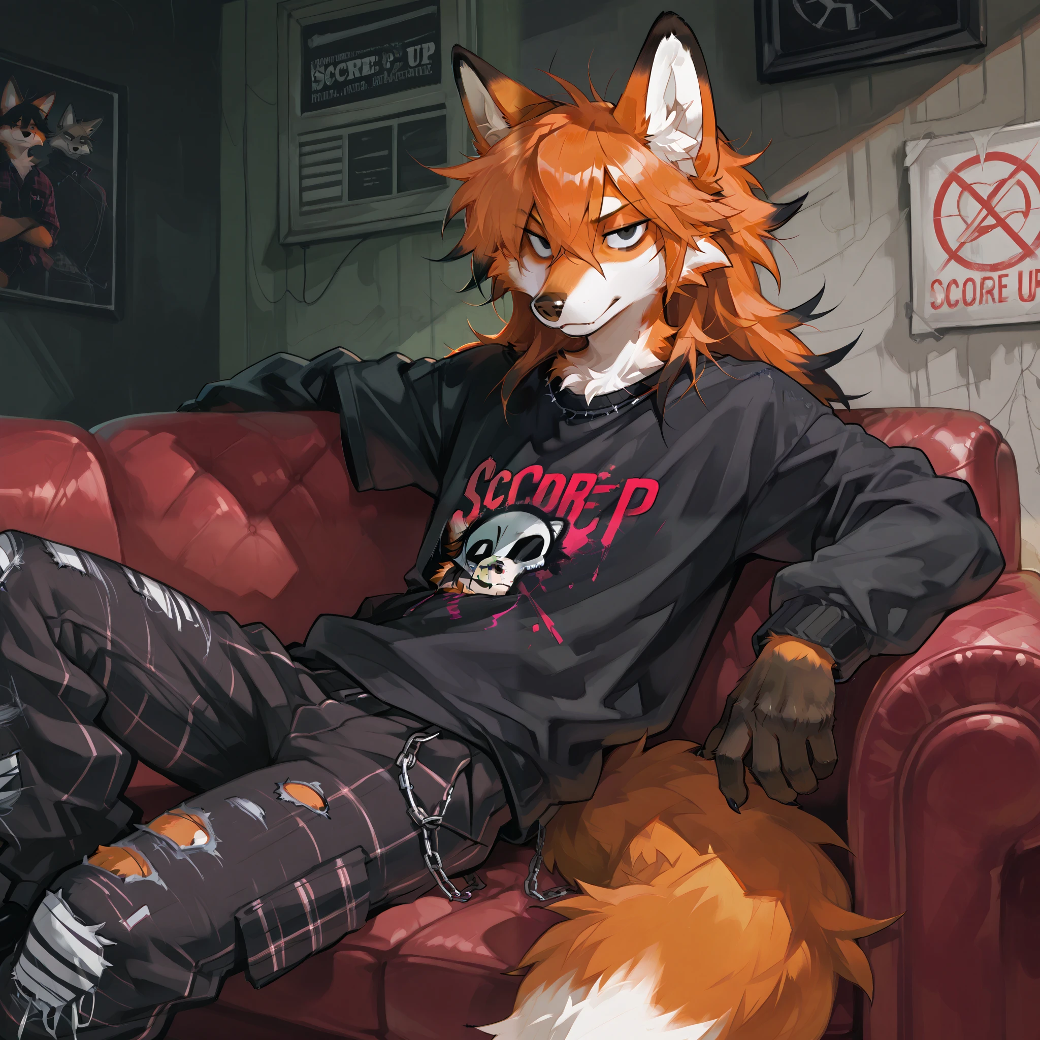 Emo, fox furry, masculine, orange fur, black tips, grunge clothing, lounging on couch, disheveled, man, solo.