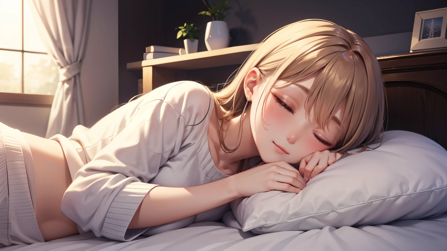 A masterpie、Realstic、best qualiy、Beautiful girl crawling into bed naked、Sleep facing the viewer while wrapped in a sheet、close her eyes