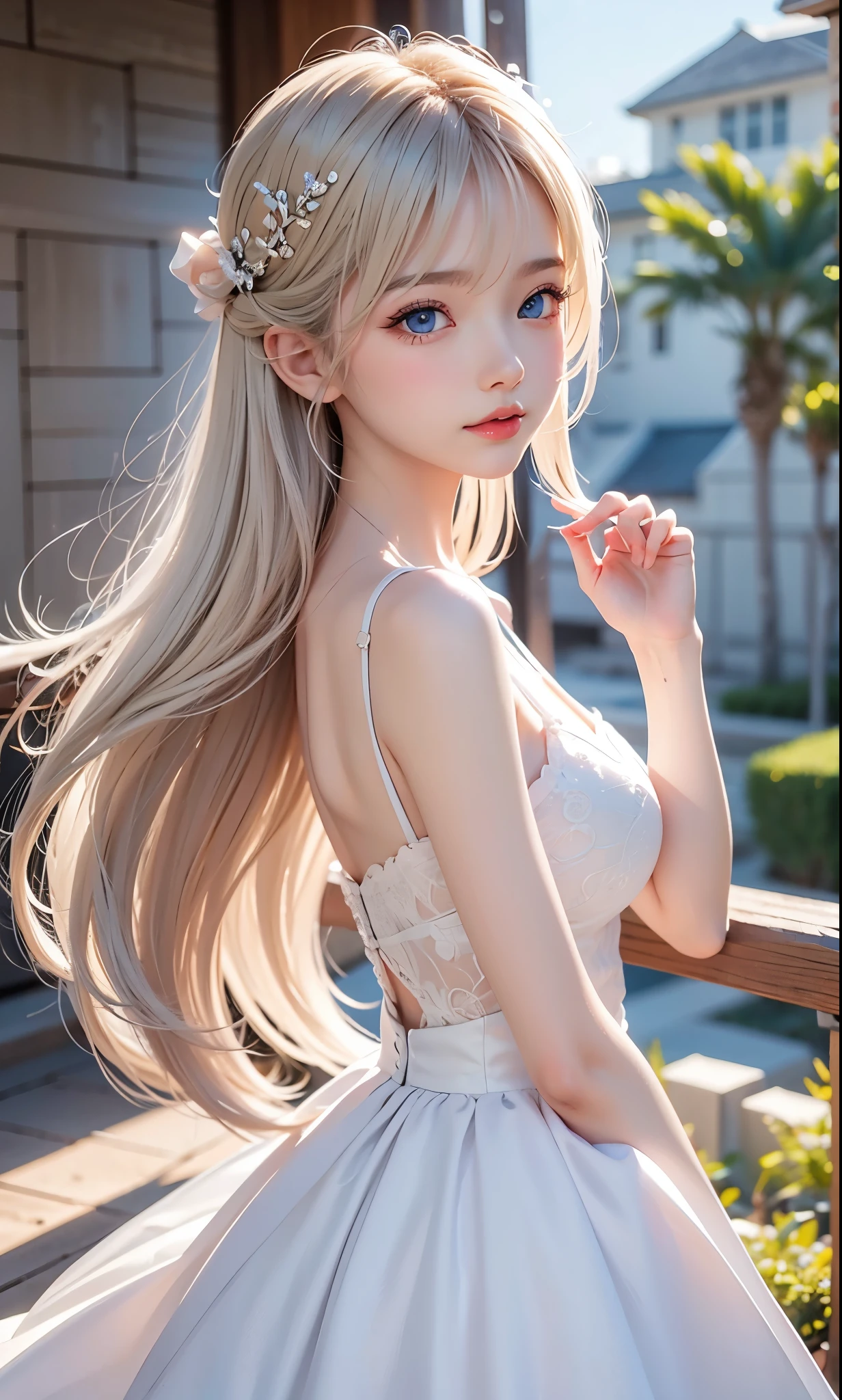 There is a woman in a white dress, artwork in the style of Gwaiz, Gwaiz on pixiv artstation, Gwaiz on artstation pixiv, Gwaiz, Fantasy art style, Gwaiz masterpiece, Beautiful and elegant queen, Beautiful character drawings, Detailed digital anime art, Blonde Princess, Gray Hair, Sky blue eyes, Pink Lips, from side