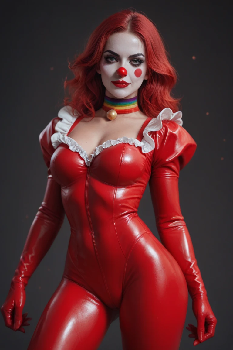 Drag queen named cookie clown with a Very red noise in a body suit , made out of many colors of candys like gum drops and peppermints (show her full gown in the image)