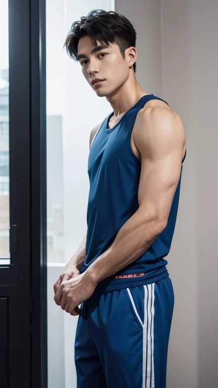 Japanese men、12 years old、Short and but muscular、Smooth textured plump skin、Sporty short black hair、A young but cool and healthy pose、In the bathroom at night、Blue boxer shorts made of thin material with an elaborate design、Smiling in a friendly manner、Hands on the back of the waist