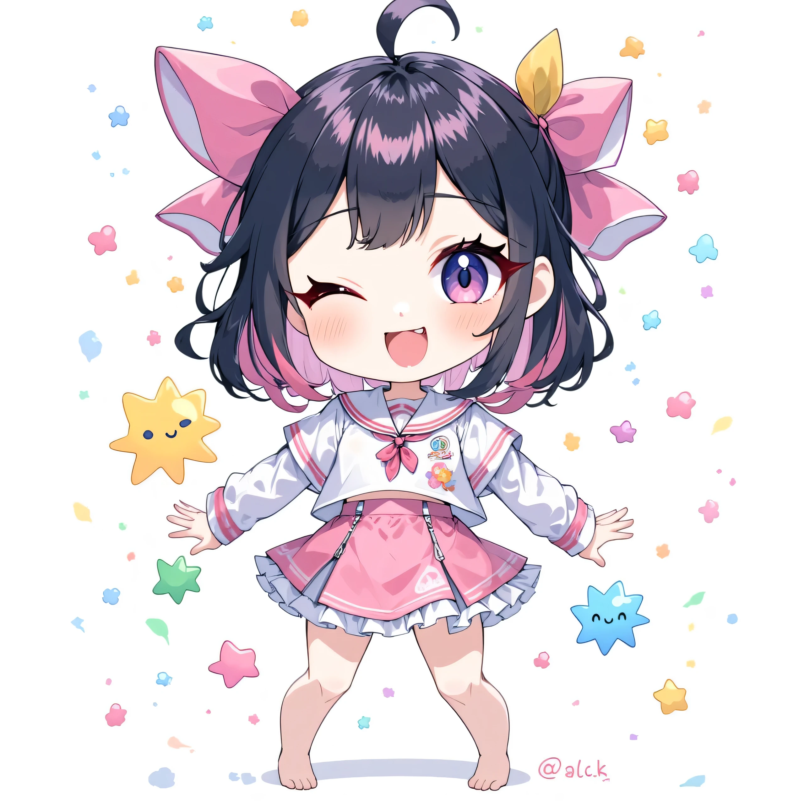 ( chibi:1.4), chibi character, chibi style, toe, (cwhite background:1.4),full body,masterpiece, high quality, 4K, HDR,, A girl with frills, anime-style , with a cheerful smile、 open your big mouth、 close one eye、 winks、 simple background、Color scheme using primary colors、 black hair、stupid hair、 sailor suit、The whole body is shown and there are margins