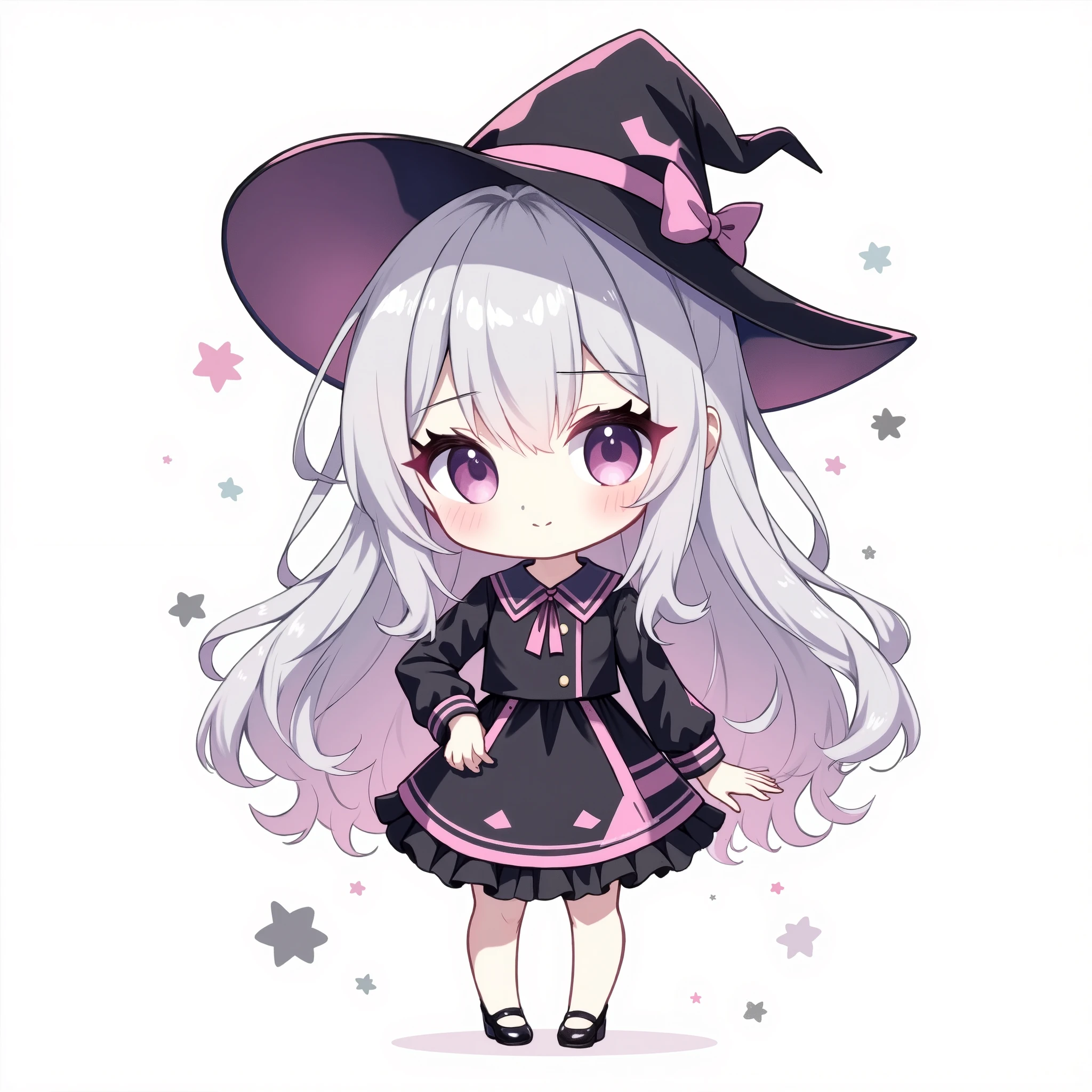 ( chibi:1.4), chibi character, chibi style, toe, (cwhite background:1.4),full body,masterpiece, high quality, 4K, HDR,, A girl with frills, anime-style , Silver Hair, long hair, black, ruffled dress like a witch