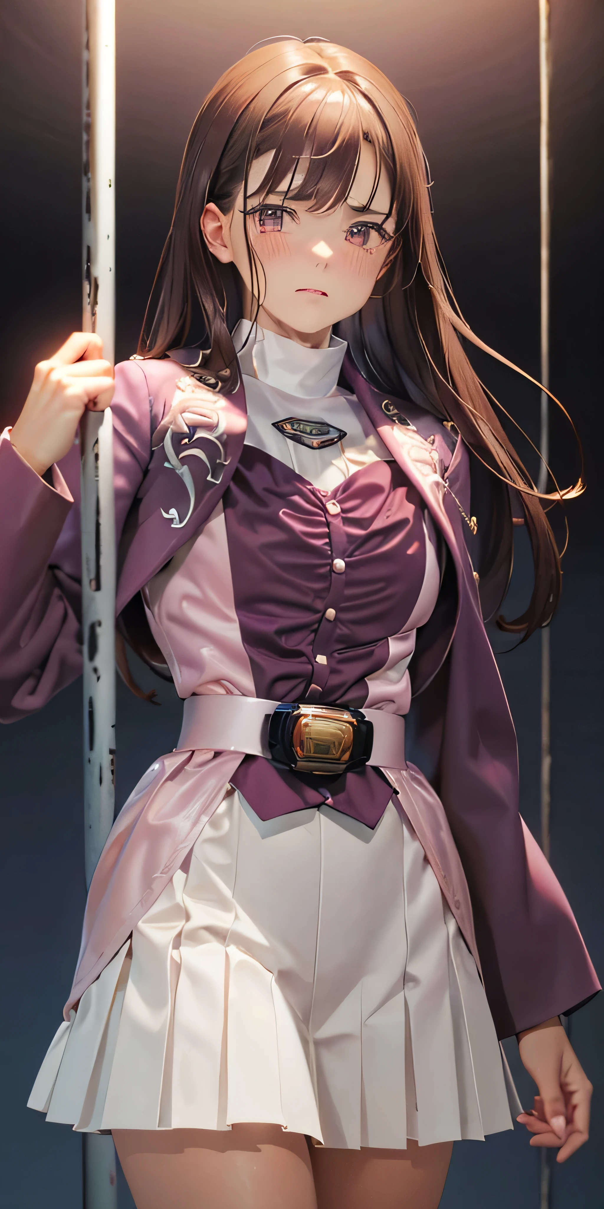(4k,8k,best quality, masterpiece:1.2), ultra-detailed, realistic, realism, perfect face, perfect nose, detailed hair, detailed eyes, detailed lips, realistic colors, studio lightning, (((medium short shot))), iris midgar, black coat, black uniform, long sleeves, gold trim, black skirt, white pantyhose, belt, white gloves, large breasts, hands on hips, grin, furrowed brow, looking at viewer, from below, grey sky