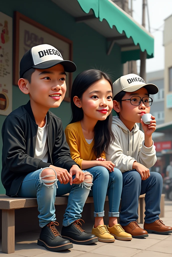 Create an image of people sitting on a sidewalk eating ice cream. There are 3 people, A man and two children.