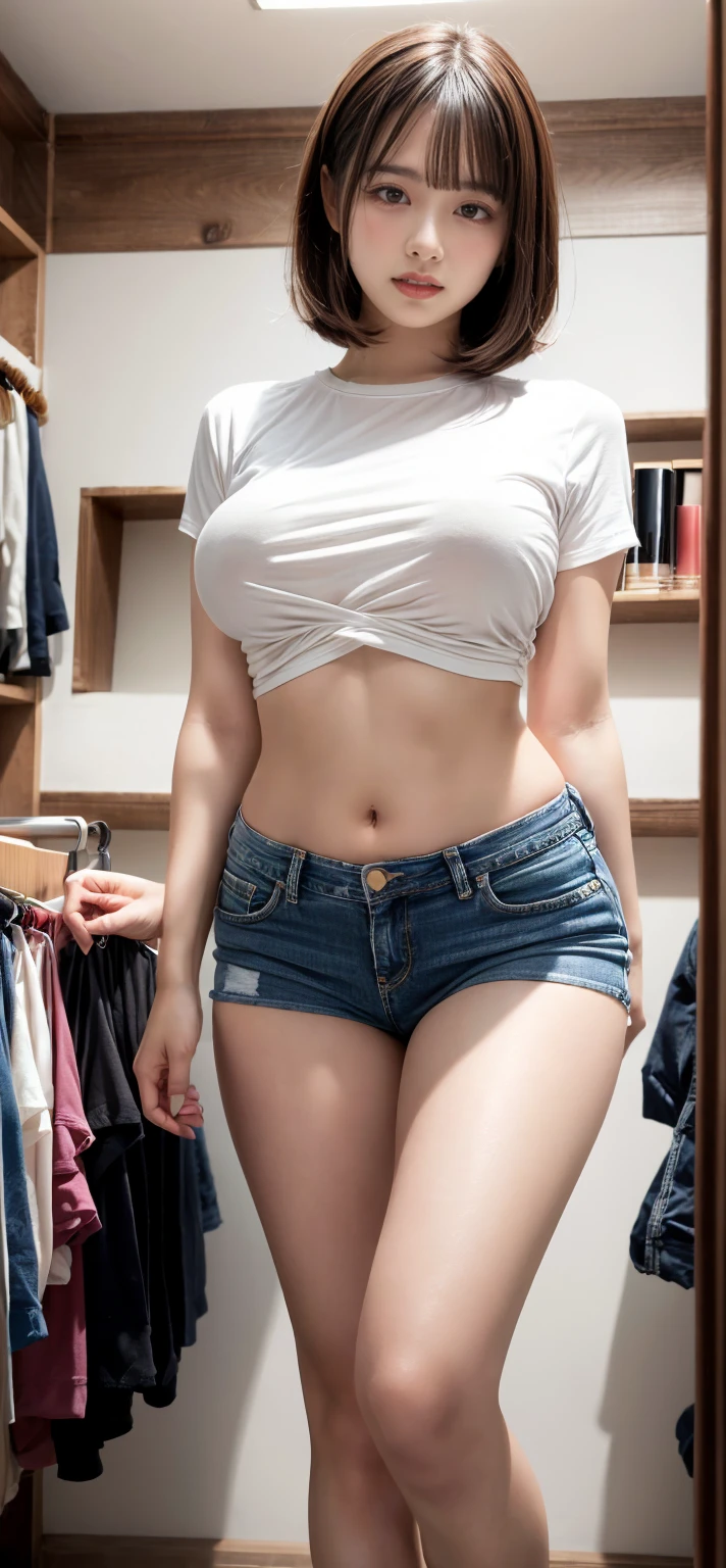 Girl posing for photo in white shirt and tight denim shorts，Arms on top of your head，full bodyesbian，pink Bras，Slim body，Larger bust，Slim girl model，30-year-old female model，