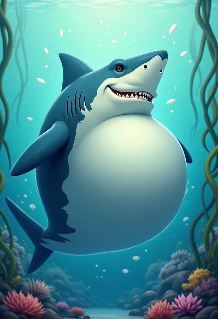 A cartoon character of an anthro shark with a big belly and a big penis mr shark, plump, fat, belly,