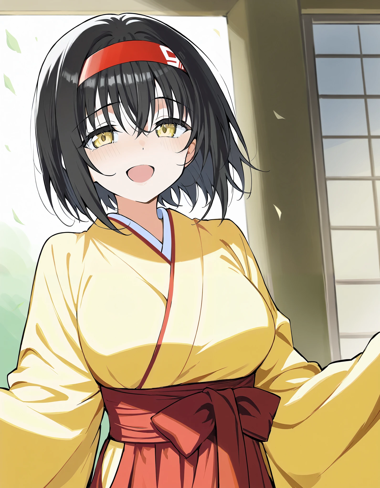 Erika, black hair, yellow eyes, beautiful girl, yellow kimono, red hakama, red hairband, beautiful breasts, solo nice buddy, love, maiden, cowboy shot, smiling, ashamed, ecstatic, new wife