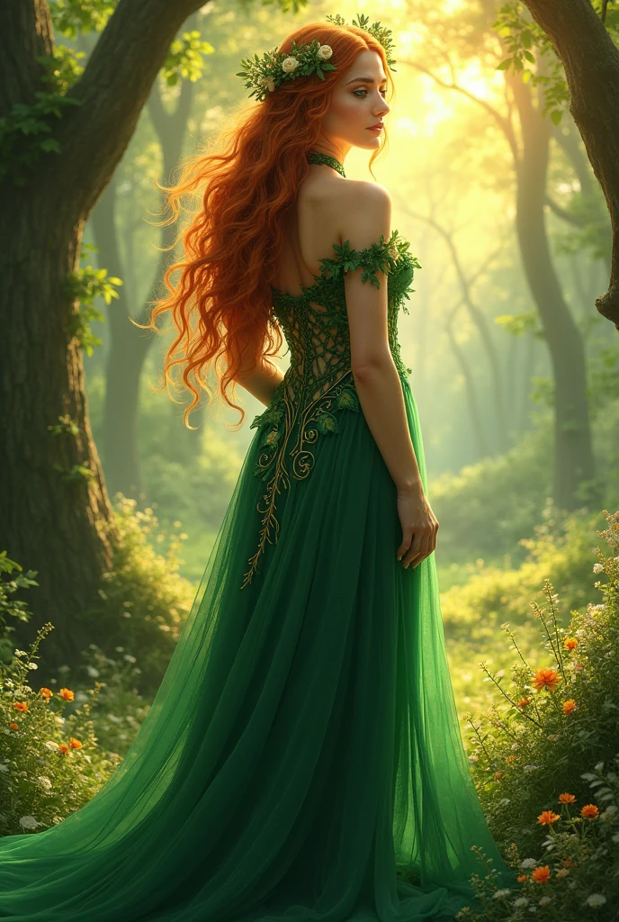 Artistic portrait of a young woman with curly red hair, dressed in a long, flowing emerald green dress. It is in a natural environment, Surrounded by a lush forest with light filtered through the trees. His posture is relaxed, with one hand gently touching a nearby branch, while looking at the horizon. The focus is on capturing the harmony between the naturalness of your figure, the shine of her hair and the green surroundings that surround her, creating an atmosphere of serenity