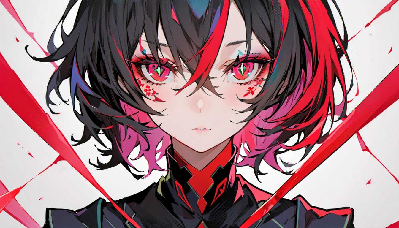 A girl, light skin, short green and black hair with a red streak on her forehead, black eyes, white pupils, black technological suit, lost look, dark circles, anime style, digital art