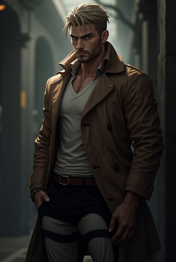 Jamie dornan, (cinematic photo),(. 35mm photograph),film,bokeh,professional,4k,highly detailed,1boy,30-year-old male,male focus,solo,topless,pants,open_coat,Cinematic Shot,cinematic lighting,