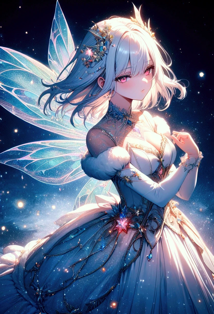 (exquisite, beautiful, very detailed, masterpiece, high quality, confused, High resolution, Full HD, 16k, soft edge, soft lines),(dynamic angle),fly in the sky,dramatic lighting,pastel colour,soft lighting,((Moonlight night,beautiful月)),starry sky,meteor群,meteor,(fairy princess, purple eyes, long eyelashes,white skin,slim,pale pink plump lips,pale pink cheeks, The wind is blowing,White fluffy hair,slim,(thin and high nose,small nose),(Huge fairy wings grow from just above her waist..:1.1),silver decoration,diamond tiara,diamond earrings,diamond earrings,Diamond Choker,(silver ball gown dress:1.1), silver lace and frills, (fantasy, romantic atmosphere)