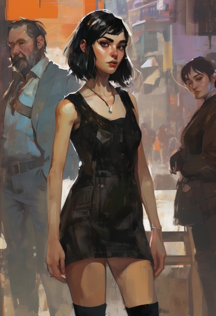 Disco Elysium artstyle. Full body. Pale skinny girl, petite short girl. Detailed face looking at viewer. Dark hair, straight hair, belly length hair, dirty hair. Dark eyes. Detailed eyes. Interested face expression. Cute face. 20 years old cutie. Black mini dress, sleeveless mini dress, fitted dress, black dr martins boots, white socks, ankle socks. Detailed face and eyes. Soft skin, sweaty thighs. Detailed legs. Disco Elysium style portrait.
