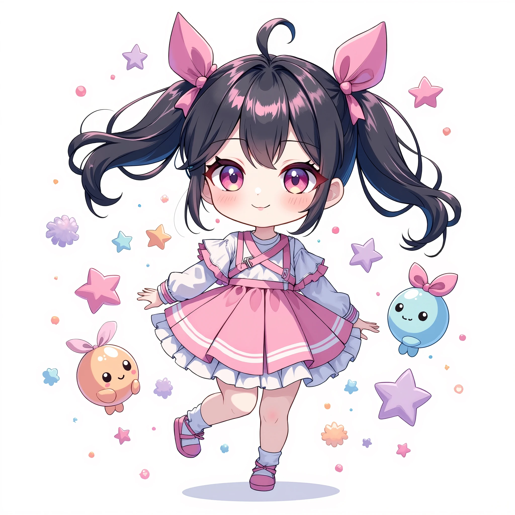 (chibi:1.4),chibi character,chibi style, toe, (cwhite background:1.4),full body,masterpiece, high quality, 4K, HDR,, A girl with frills, black hair, and twin tails.