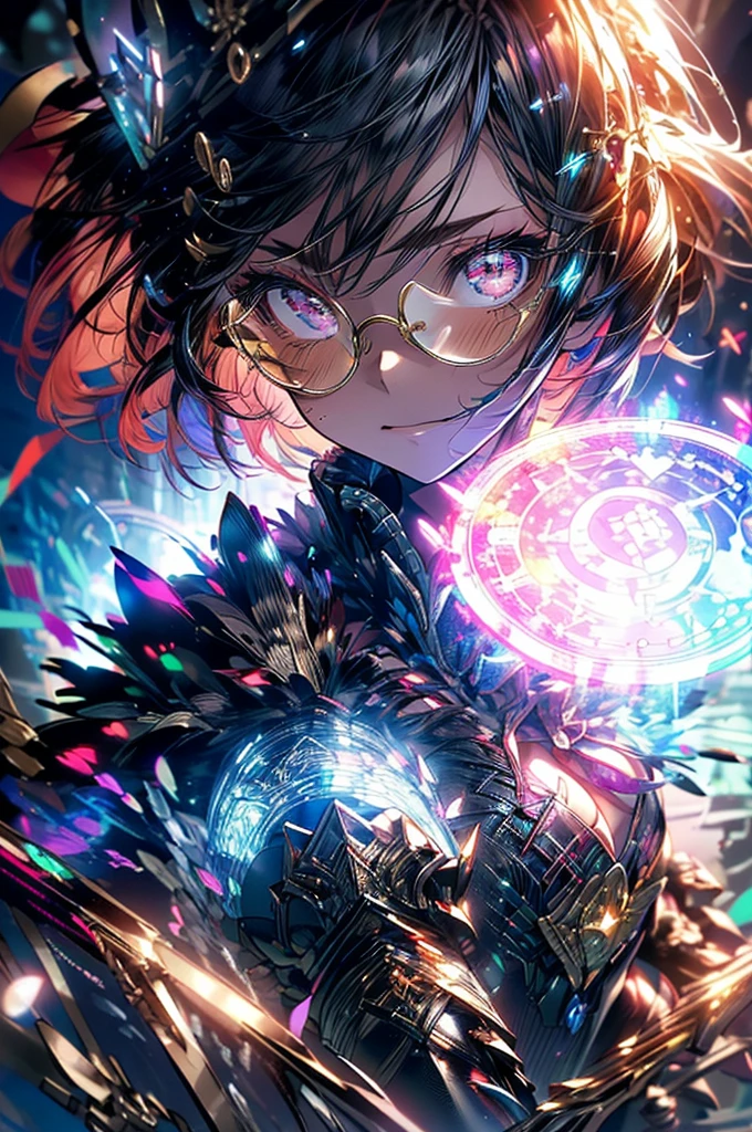 people、一peopleで、(((Blue and silver hair、right ponytail)))、chest、View your viewers、blush、smile、hair accessory、、Big Breasts、whole body、pantyhose、、黒のpantyhose、Exposed arms、太ももにバンドが付いたpantyhose、(((Cute frame glasses)))